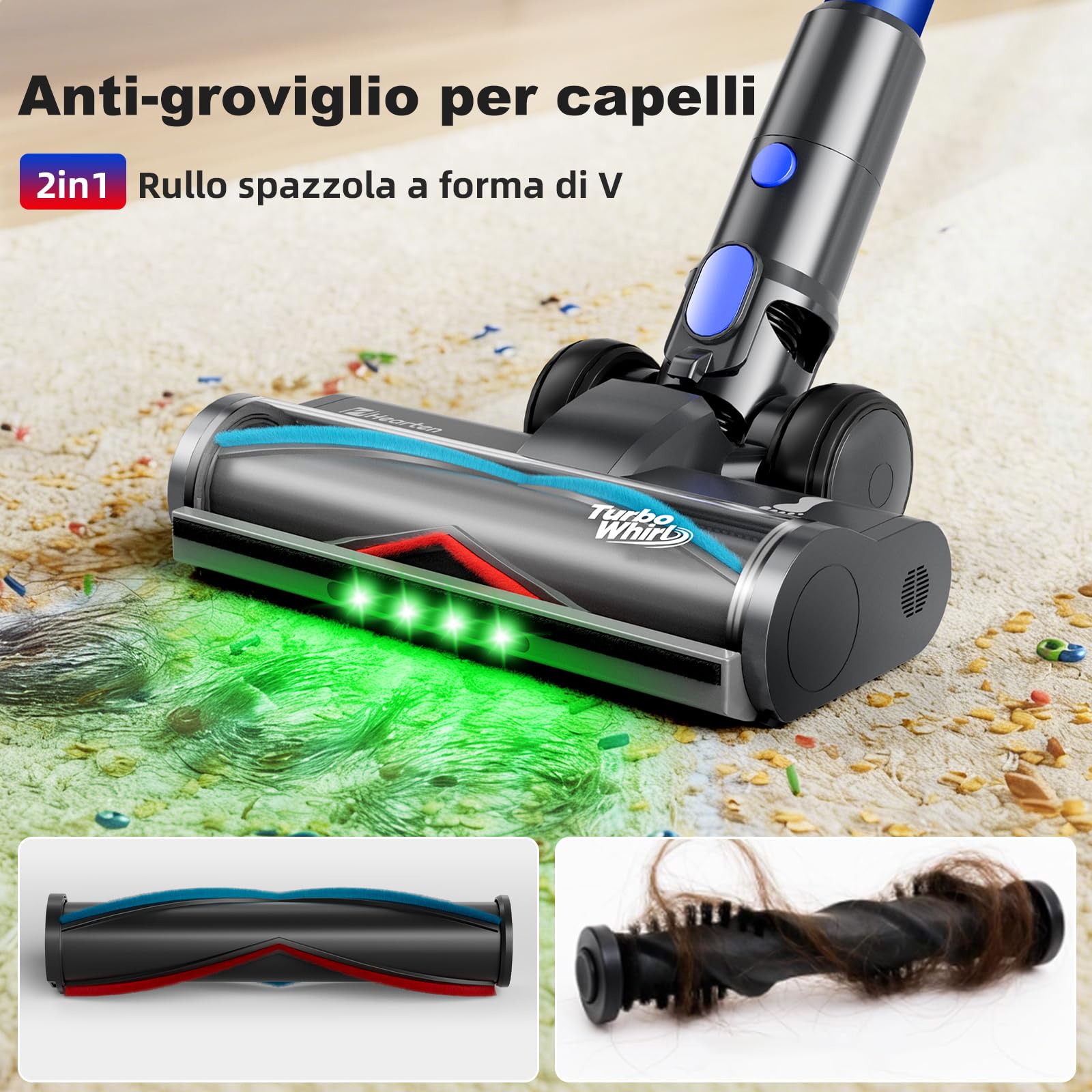 Hearten Aspirapolvere Senza Fili, 70000Pa/ 600W/ 65min/ 1,8L, 4 Livelli Potenza, Display LED Colorato, Rilevamento Polvere, Flessibile Incluso, Filtrazione 8 Livelli, Peli Animali, Pavimenti Duri,Auto