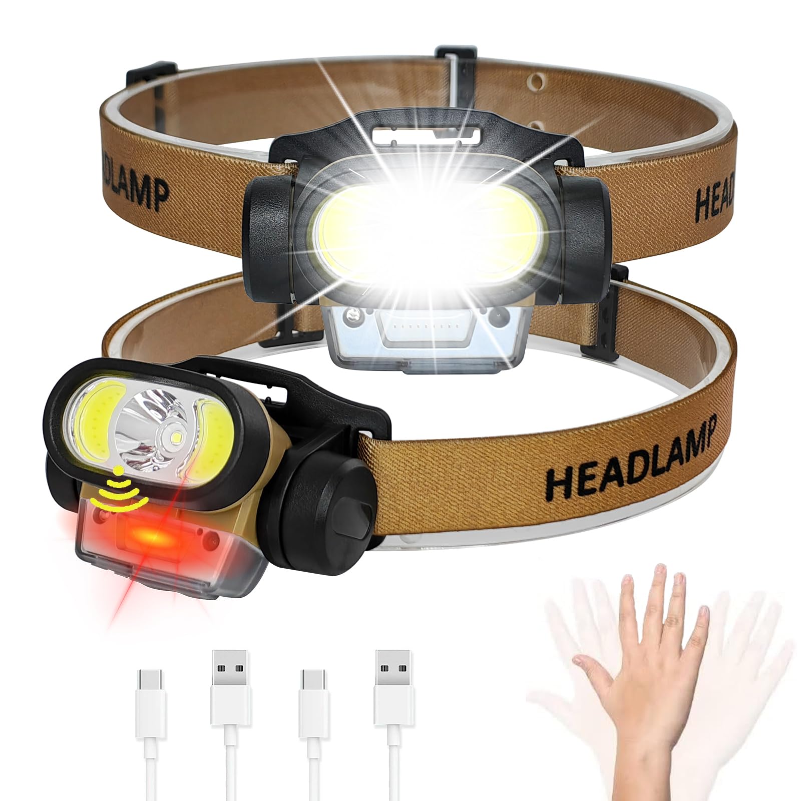 Stirnlampen, 2 Stück, wiederaufladbare Taschenlampe, Bewegungssensor, Breitstrahl, helles Stirnband, leicht, wasserdicht, für Outdoor, Laufen, Camping, Wandern, Jagd