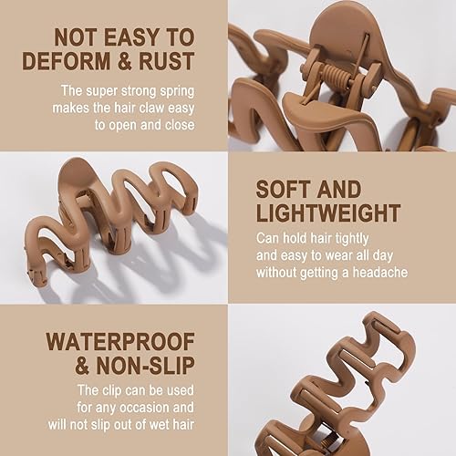 Miniatura 5 de Pinzas grandes para cabello grueso  Pinzas grandes para cabello fino y rizado largo de 4.1 pulgadas, clip de pelo marrón neutro mate, clip de pelo