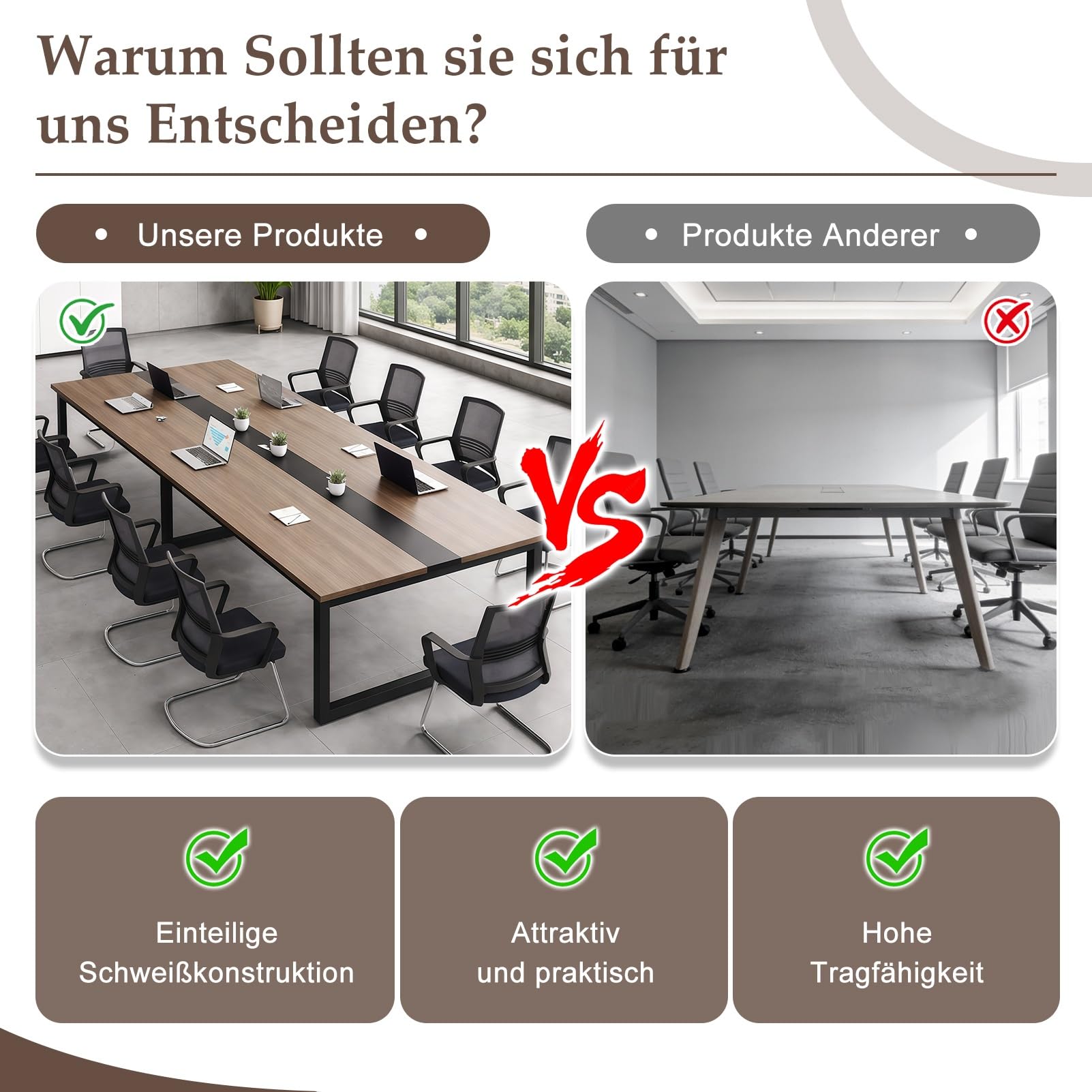 Großer Konferenztisch Büro, Moderner Modularer Besprechungstisch mit Kabelmanagement & Stabilem Metallrahmen, Rechteckiger Konferenztisch, Meetingtisch für Meetingraum und Seminarraum (Ohne Stühle)