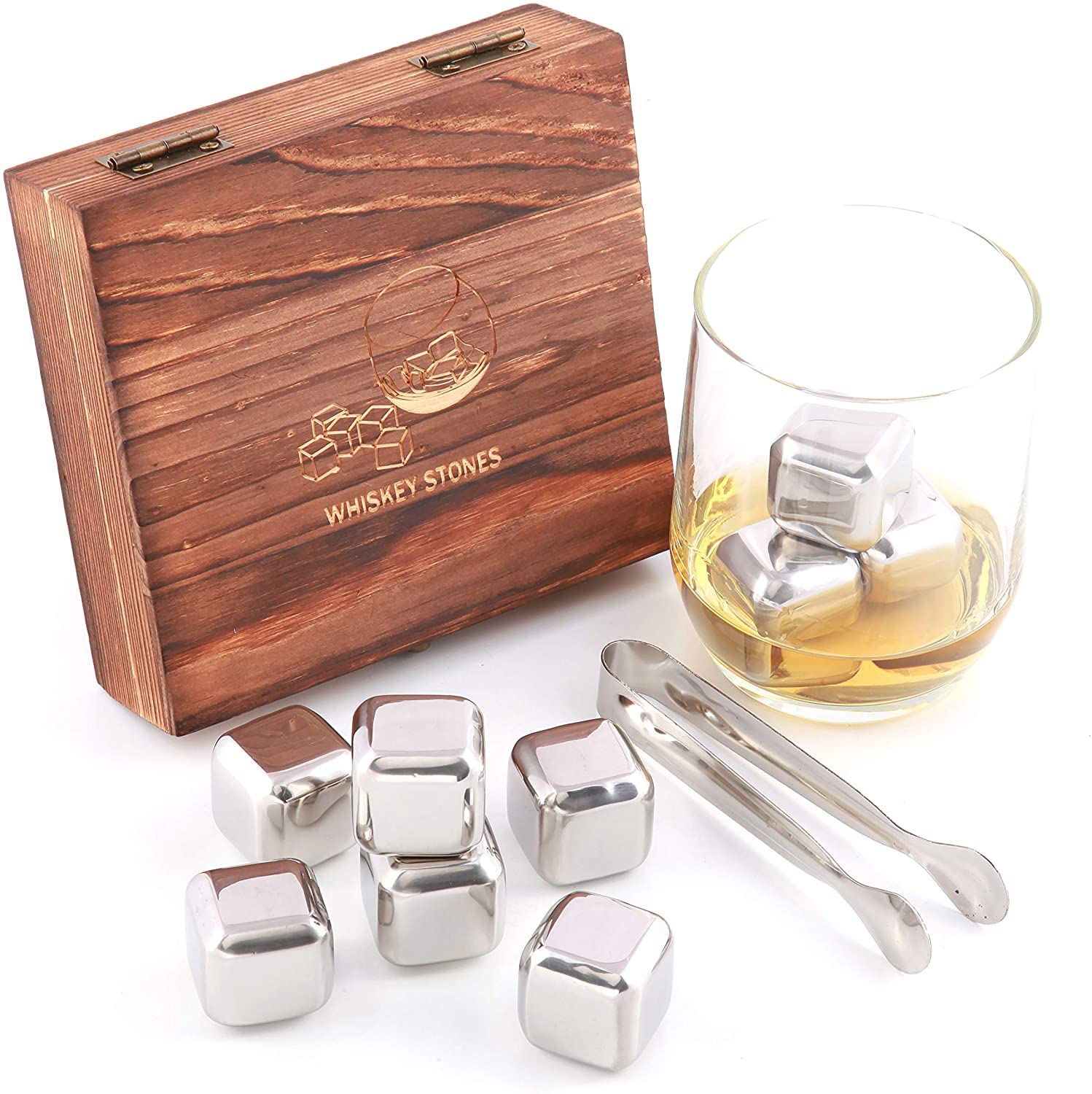 Whisky/Whiskey Sipping Stones Gift Set of 9 Natural Soapstone and Granite Chilling Rocks with Stylish Box and Free Velvet Pouch (6pc Stainless Steel)