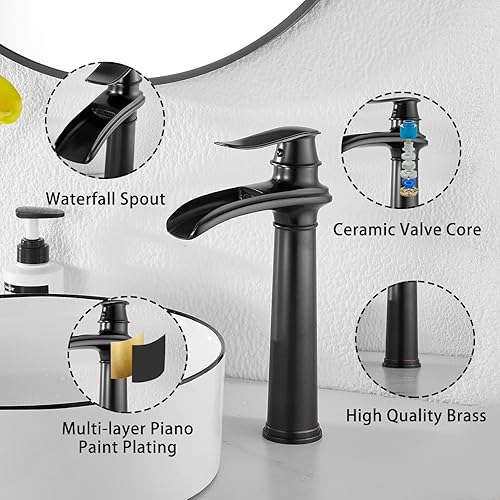 Miniatura 4 de GGStudy Grifo de baño de bronce aceitado con una sola manija, un agujero, cascada de granja, baño, lavabo, grifo a juego con drenaje desplegable