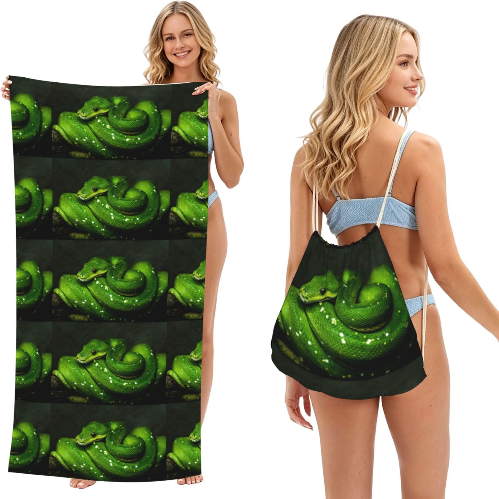 Poadnly As Picture Snake Green Reptile, 2 In 1 Packable Towel Bag, Beach Towels With Drawstring Backpack For Travel Holiday Camping