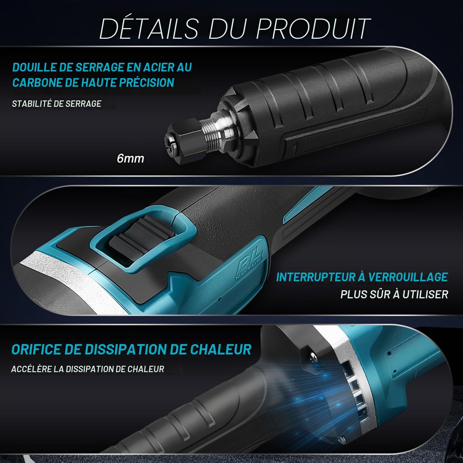 Meuleuse droite sans fil compatible avec batterie Makita 18 V, meuleuse droite sans brosse, mandrin de 6 mm et 4 vitesses variables (sans batterie)
