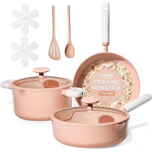 CAROTE Pots and Pans Set Nonstick, Ceramic Cookware Set, Pink Cooking Set Kitchen Induction Set with Steamer, PFAS PTFE Free,9 Piece