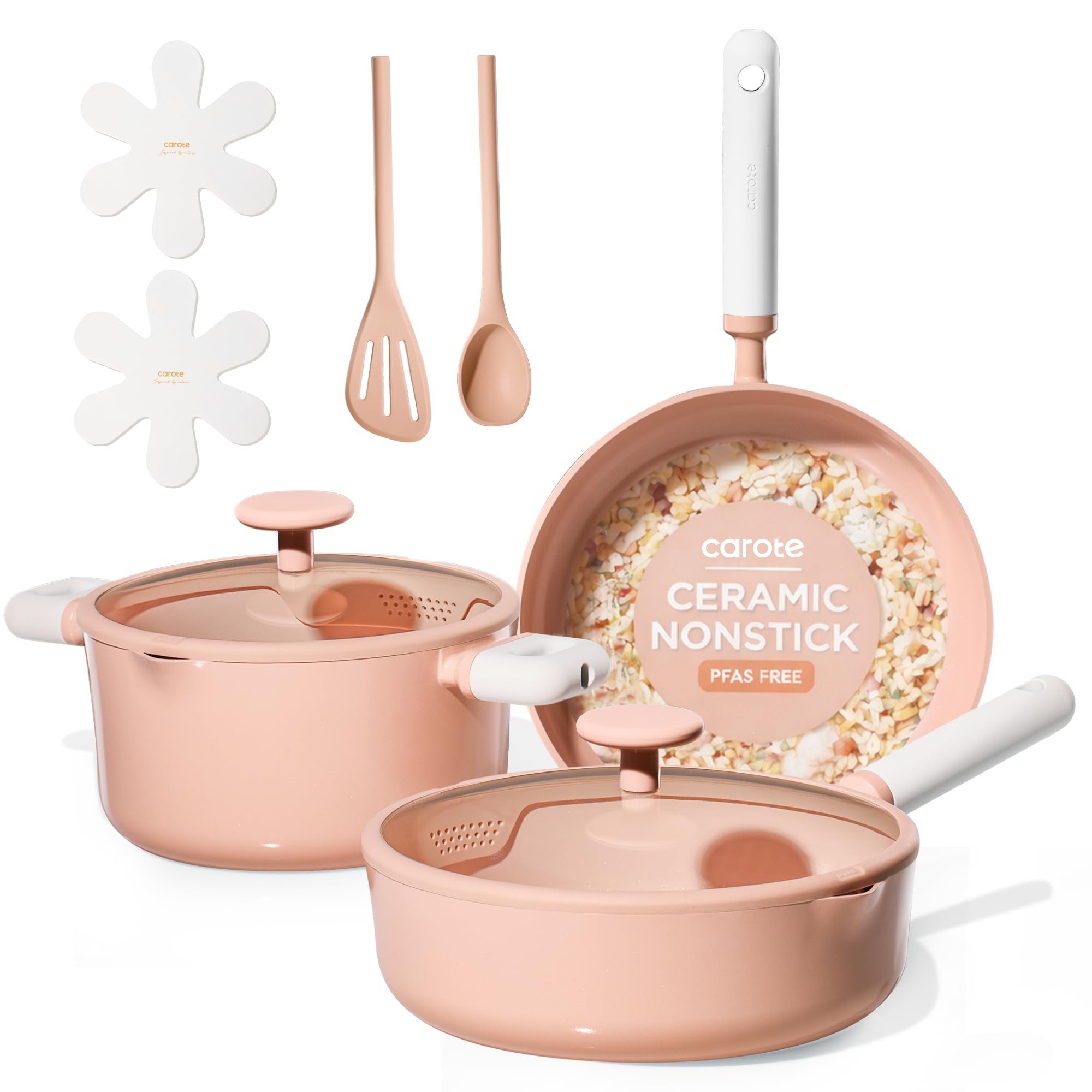 CAROTE Pots and Pans Set Nonstick, Ceramic Cookware Set, Pink Cooking Set Kitchen Induction Set with Steamer, PFAS PTFE Free,9 Piece