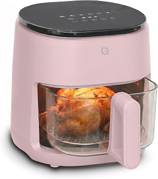 WILLOW Eco Series 6 in 1 Air Fryer with Glass Basket, 5 Quart Non Toxic Air Fryer w Digital Display, 430F Max Temp, Preheat & Keep Warm Function, Compact + Dishwasher Safe Glass Pink Airfryer