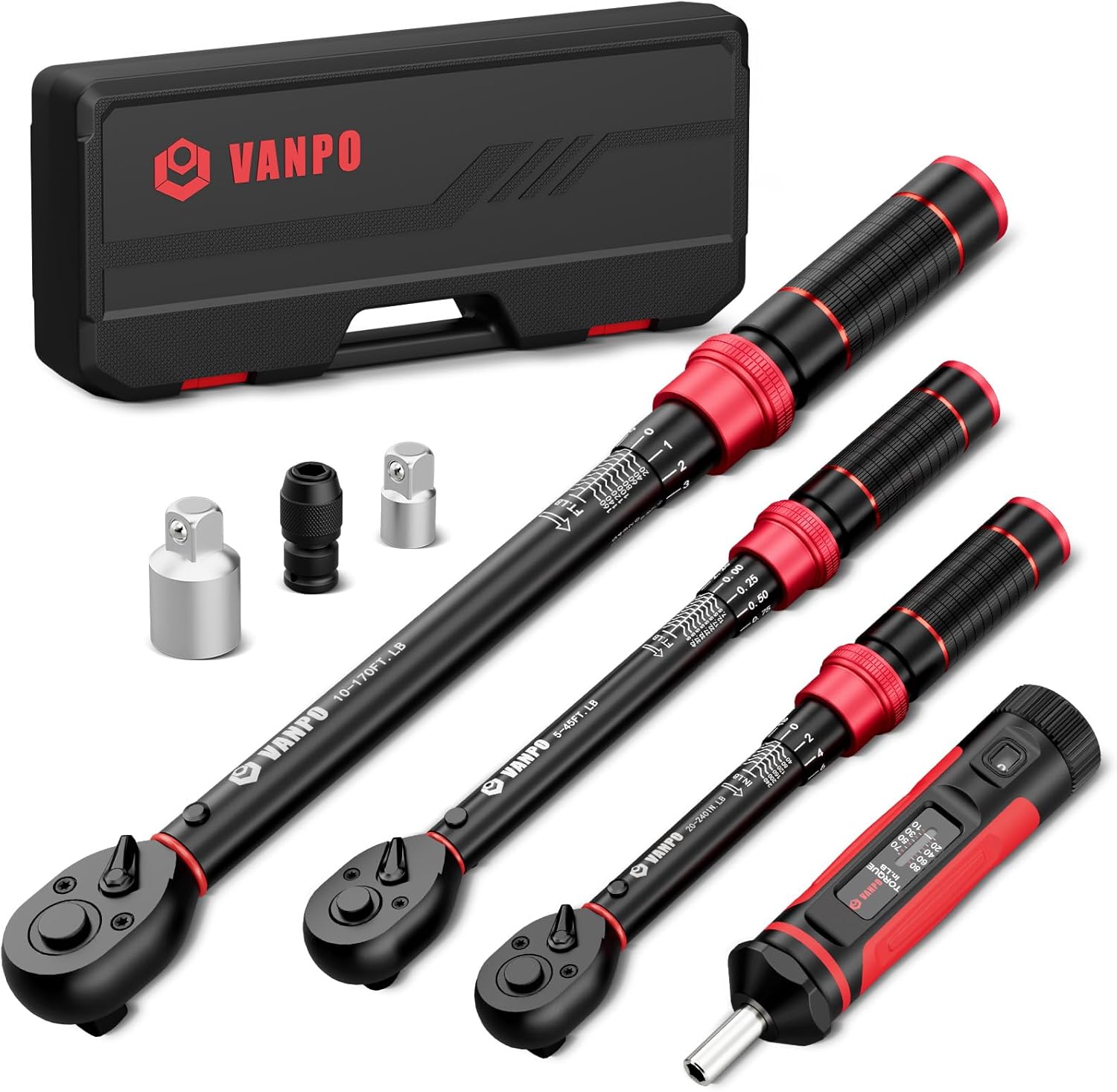 VANPO Torque Wrench Set 1/4" 3/8" 1/2" Drive 20-240 In.lb, 5-45 Ft.lb, 10-170 Ft.lb with 3 Adapters,±3% Accuracy,72-Tooth,Dual Scale,Storage Case,Click Style for Bike, Motorcycle, Car, Truck Repair