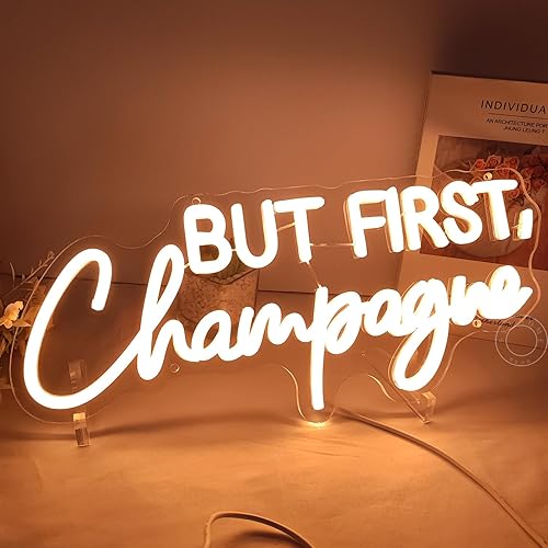Miniatura 5 de SYLHOME Letrero de luz LED de neón con texto en inglés But First Champagne para el hogar, bar, cocina, hombre, cueva, pub, decoración de boda,