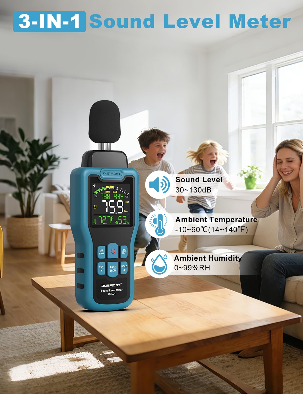 Sonometro, DURFICST Medidor de Decibelios con Temperatura y Humedad, Rango de 30-130 dB, Decibelimetro con Pantalla LCD a Color, Ponderación A/C, Unidad dB/SON, Respuesta RÁPIDA/LENTA, para Doméstico