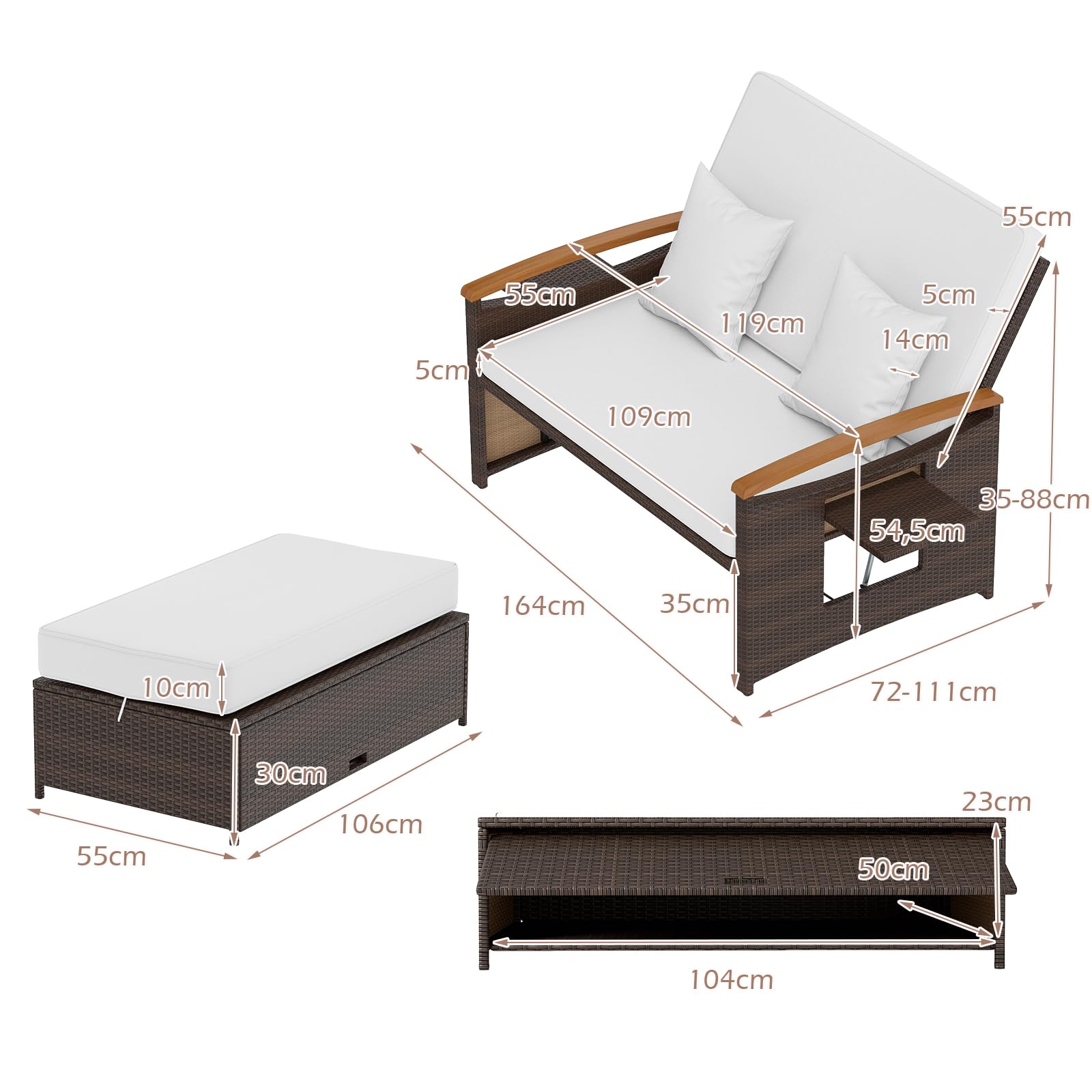 GIANTEX Zestaw mebli ogrodowych z rattanu, 2-osobowa sofa rattanowa i stołek, sofa rozkładana z bocznymi stolikami i poduszkami, podwójny leżak do ogrodu, na balkon, taras (brązowy+beżowy)