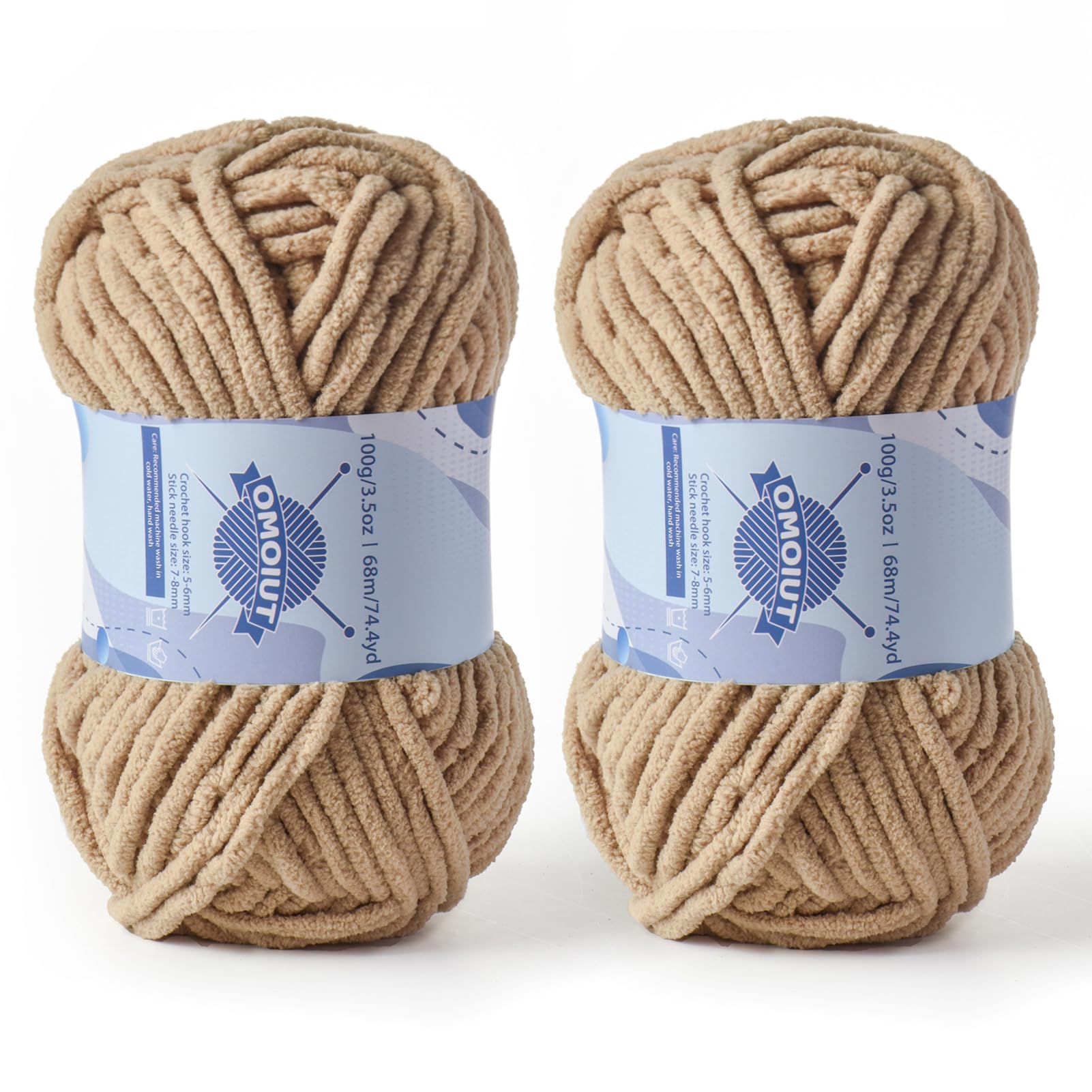 2 Pack Chunky Chenille Yarn for Crocheting, Baby Yarn for Crocheting Soft Blankets, Bulky Yarns for Crochet Amigurumi, 200g (148.7yds) Fluffy Velvet Yarns for Hand Knitting (2 Khaki)