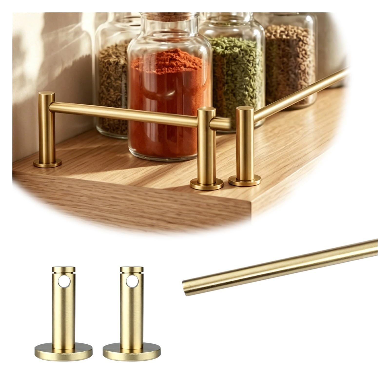 Peynir Type A Brass Kitchen Shelf Guard Rail Set 20-100Cm, Customizable Anti-Fall Guardrail Bars With 2 Spindles, Decor Cabinet Retaining Strip For Libraries/Offices/Rv(,L 46Cm/18.1")