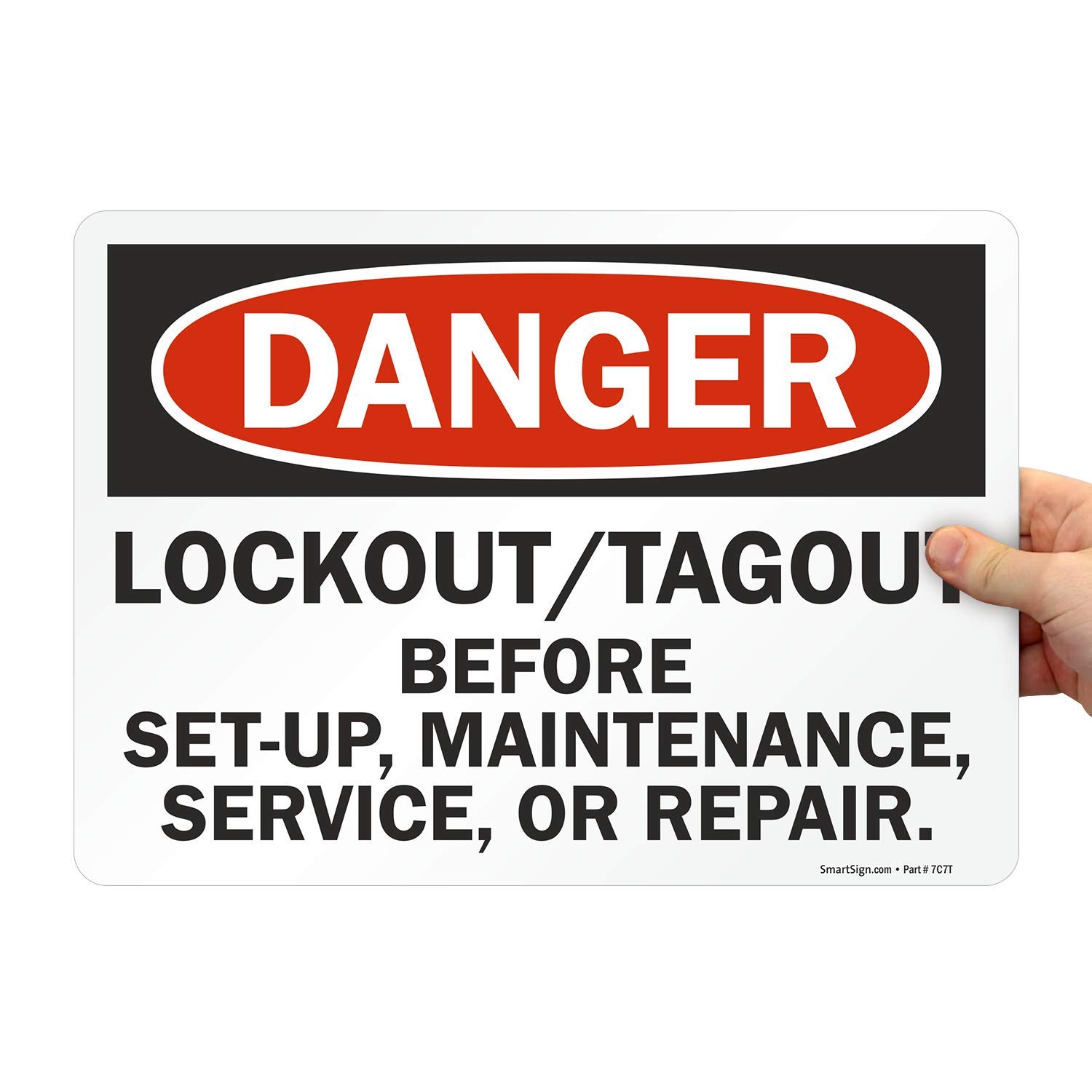 SmartSign Adhesive Vinyl Label, Legend "Danger: Lockout/Tagout Before Set-Up or Repair", 10" high x 14" wide, Black/Red on White