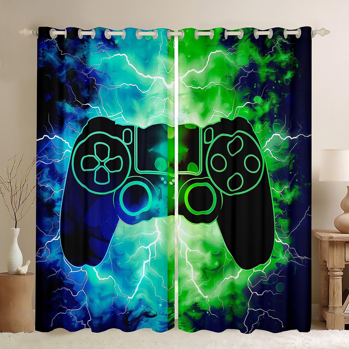 Homemissing Kids Gamer Gaming Window Drapes Lightnings Gamepad Window Curtains for Living Room for Kids Teens Boys Games Console Curtains Green Blue Modern Blackout Curtains, W52*L63,2 Panels