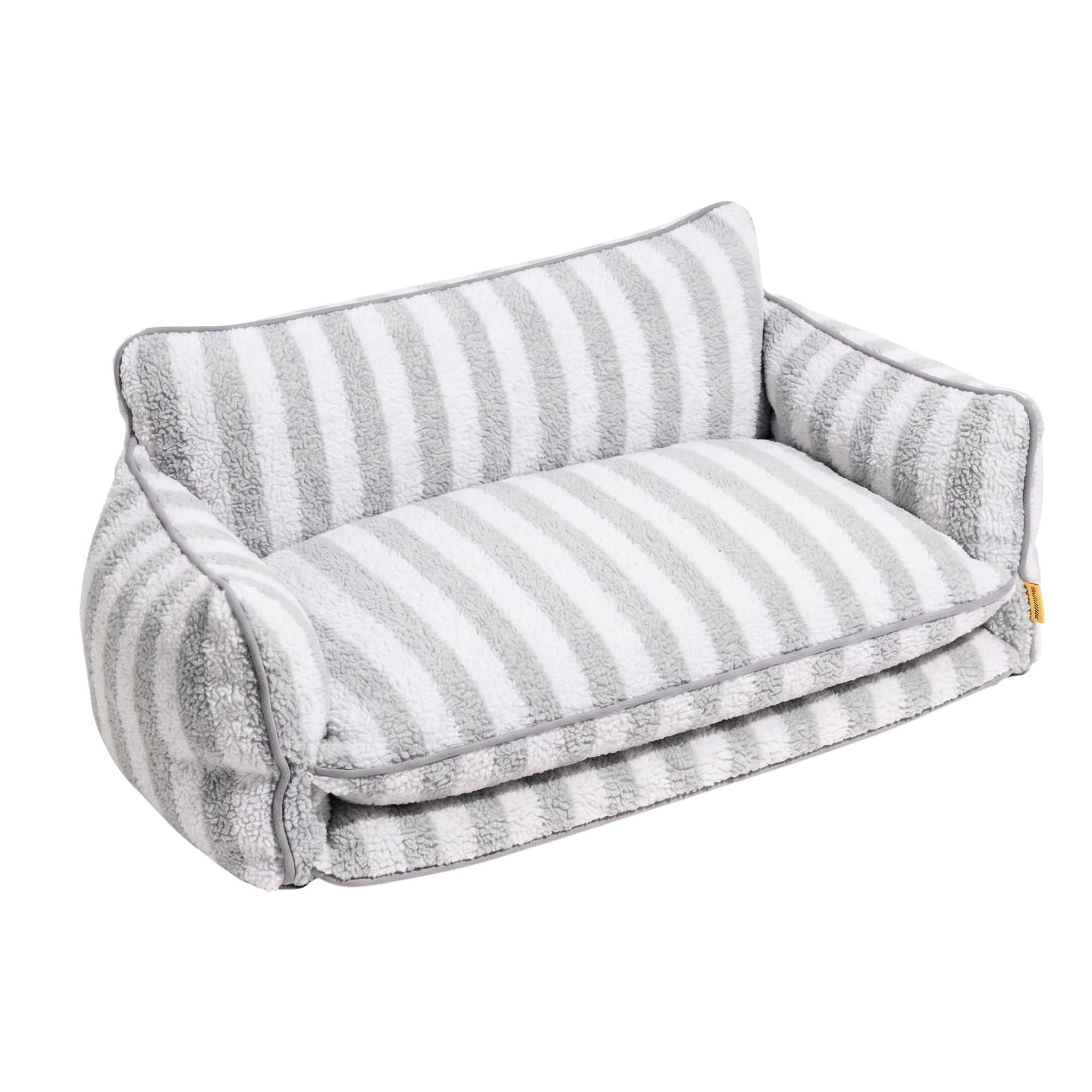 Glow Pups Dog Bed Cozy Sofa, Striped Pattern Cat Bed with Soft Faux Lambswool Cushion, Machine Washable Cotton Blend, Three-Sided Design, Grey/White, Medium 25.6" X 15.75" X 11.81"