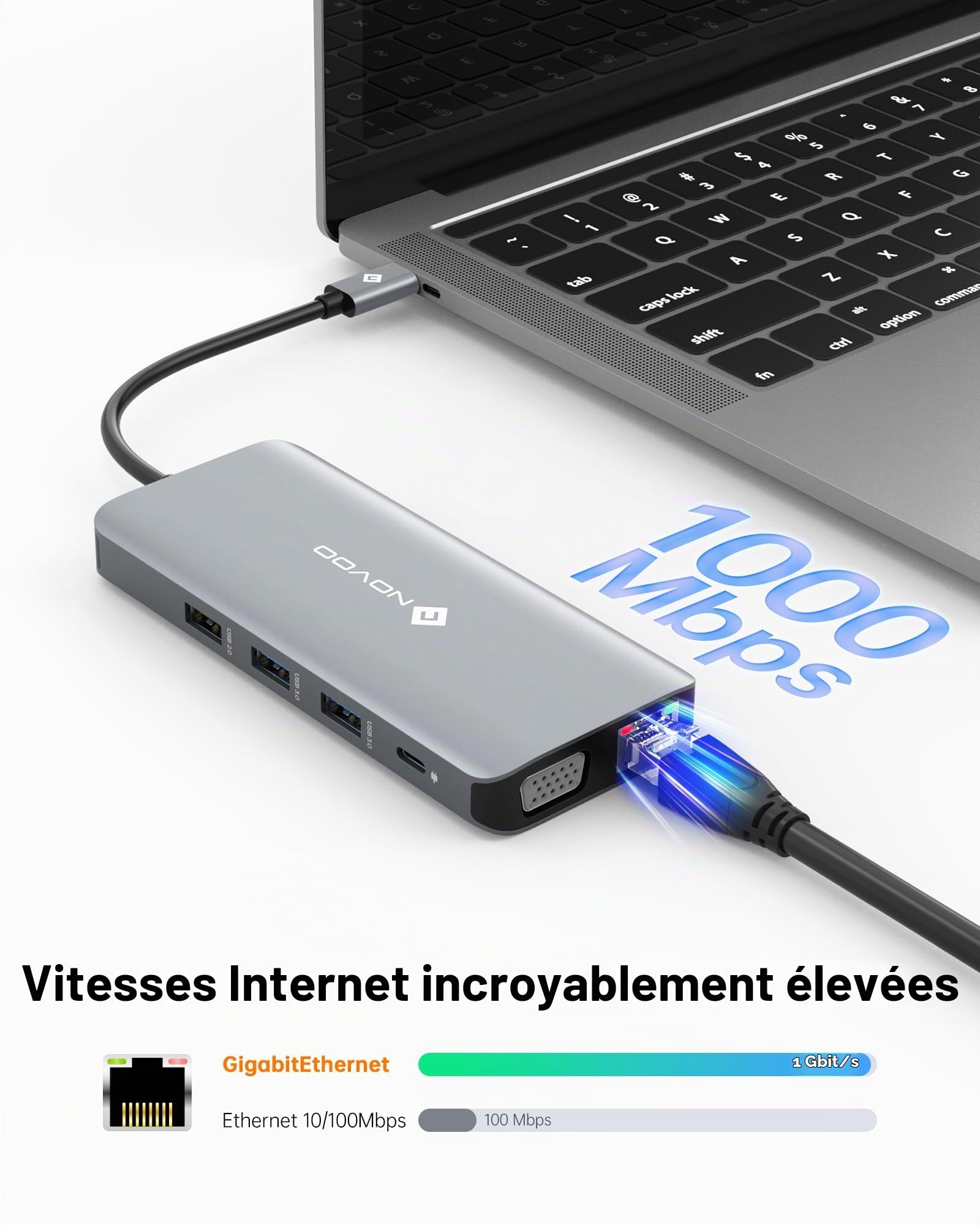 NOVOO Hub USB C avec Double HDMI 4K, Station d'accueil USB C 11 en 1 avec RJ45 Gigabit Ethernet, 2 USB 3.0, 2 USB 2.0, VGA, Type C 100 W PD, Cartes SD/TF Adaptateur pour MacBook Pro/Air, Dell, Lenovo