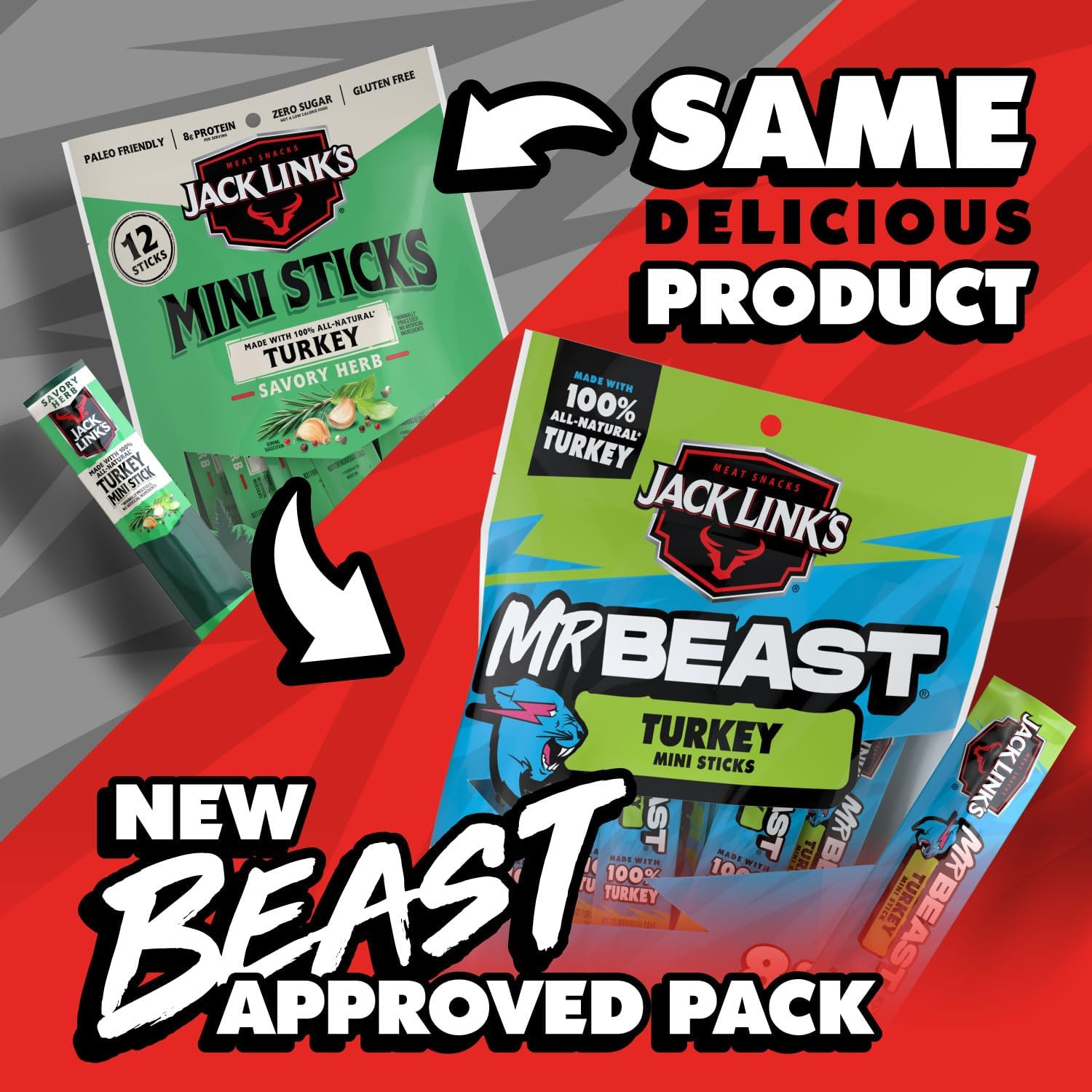 Jack Link's x MrBeast Turkey Mini Sticks, come visto sui giochi Beast, 8 g di proteine, realizzati con tacchino naturale al 100%, zero zucchero, snack pronti per la dispensa, 12 pezzi