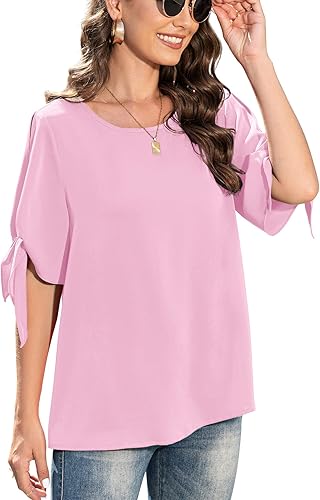 Jouica Blusa de gasa de manga corta para mujer, estilo casual, con nudo, holgada, para verano