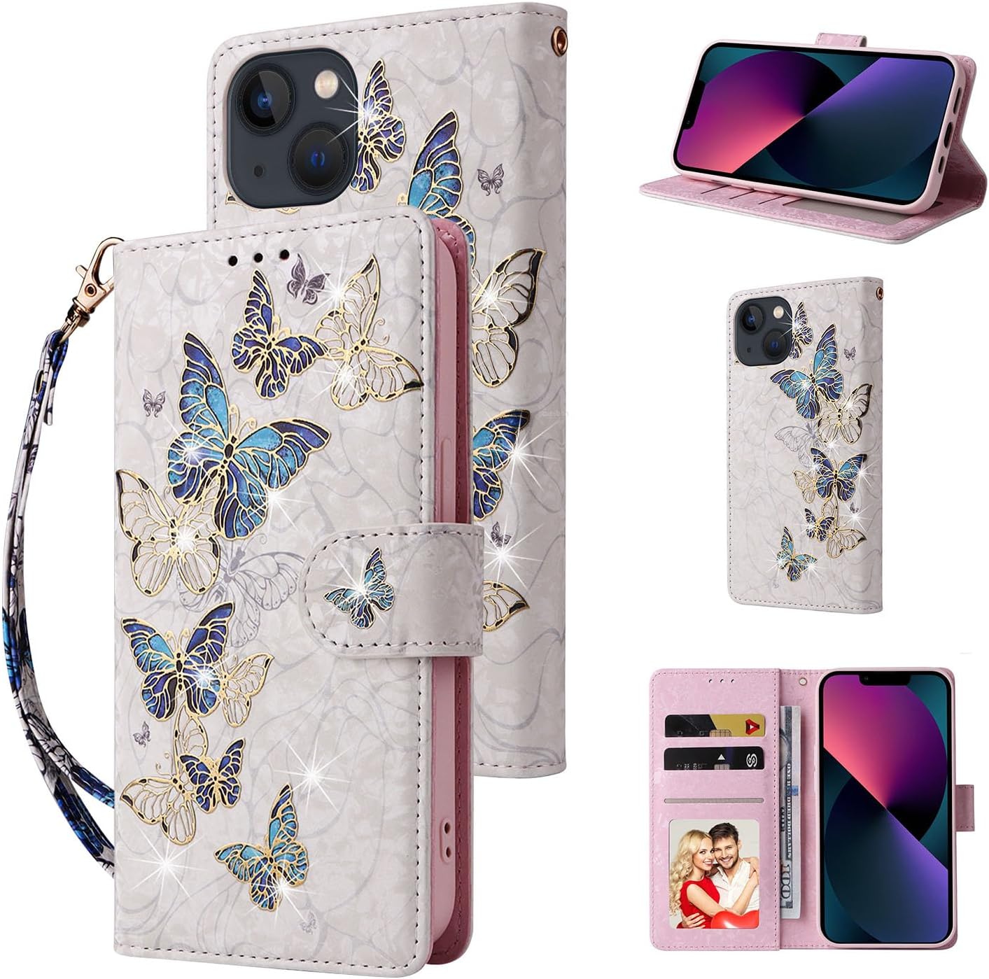 UEEBAI Wallet Case for iPhone 13 6.1 inch, PU Leather Phone Case Kickstand RFID Blocking Flip Case Card Slots Wrist Strap Relief Engraved Pattern Magnetic Closure Flower Folio Case, Blue Butterfly