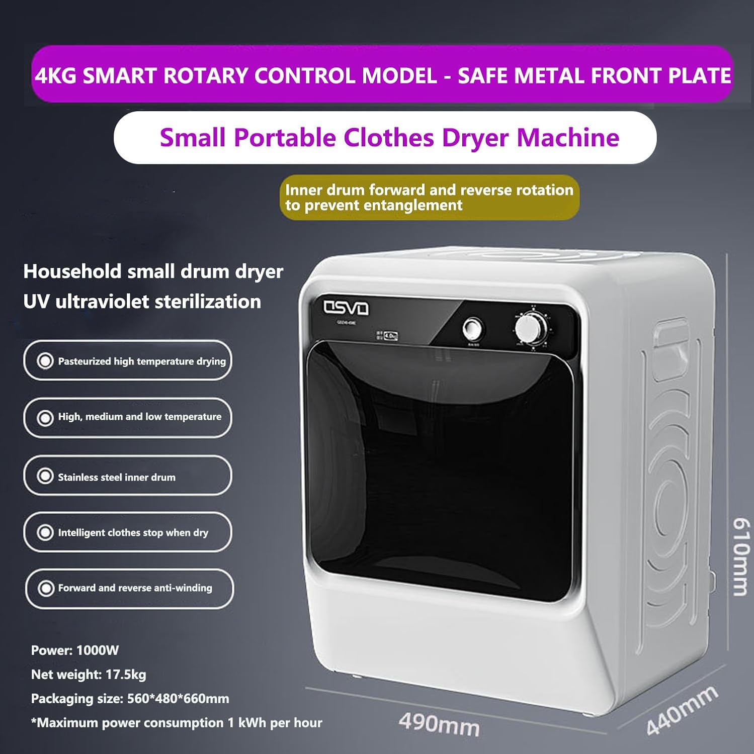 Compact Vented Tumble Dryers Stainless Steel Inner Tube, 4KG Drying Capacity, 3 Temperatures for Variety Drying Mode, LCD Smart Touch Panel, Black 1000W Electric Portable Clothes Dryer