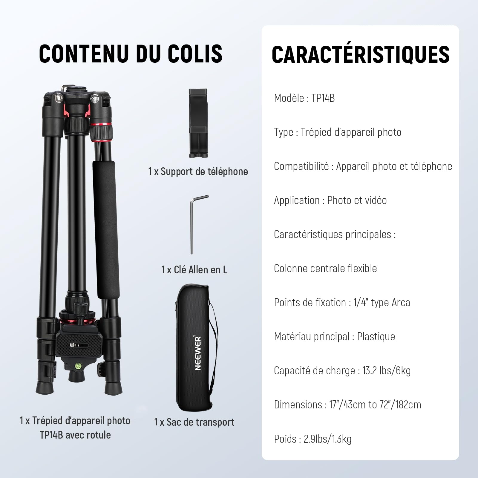 NEEWER Basics 72'' Trépied Monopode de Voyage pour Appareil Photo，Support Compact et Léger pour d'enregistrement vidéo Portable, Rotule Arca, Compatible avec iPhone Portable,Max Load 13.2 LB, TP14B