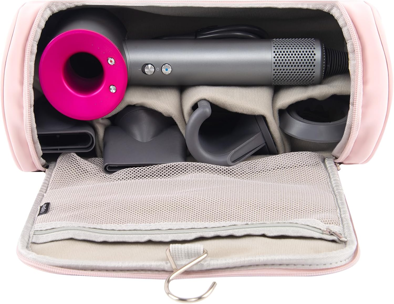 Hair Tool Organizer Case Compatible with Hair Dryer & Curling Iron - Premium Smooth PU Leather Storage Bag with Wall-Mountable Hook, Mesh Pocket, 4 Slots for Detachable Replacement Heads (Pink)