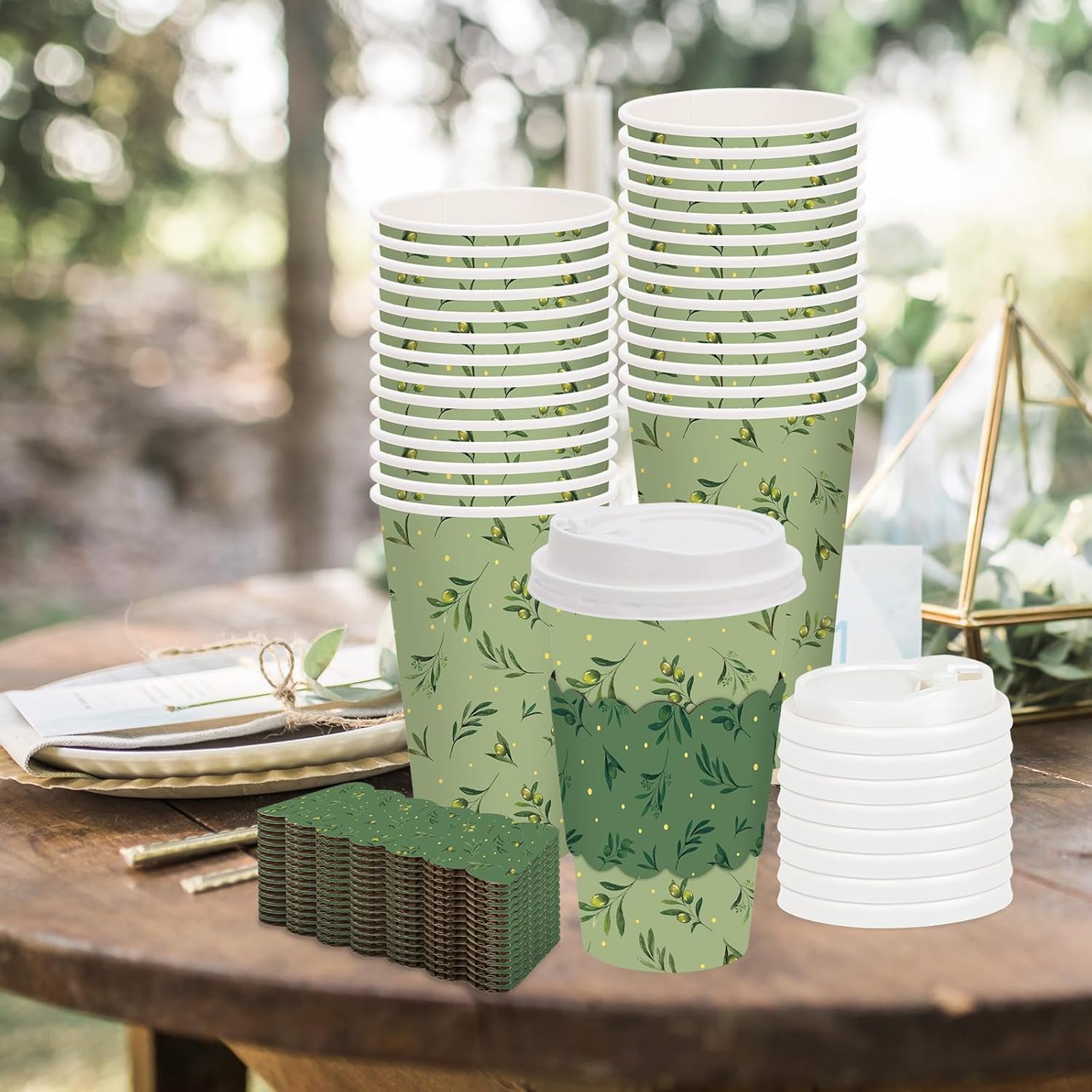 JarThenaAMCS 48 Set Eucalyptus Leaves Disposable Coffee Cups with Lids and Sleeves Green Gold Dot Leaves Paper Cups for Birthday Wedding Party Supplies - Image 7