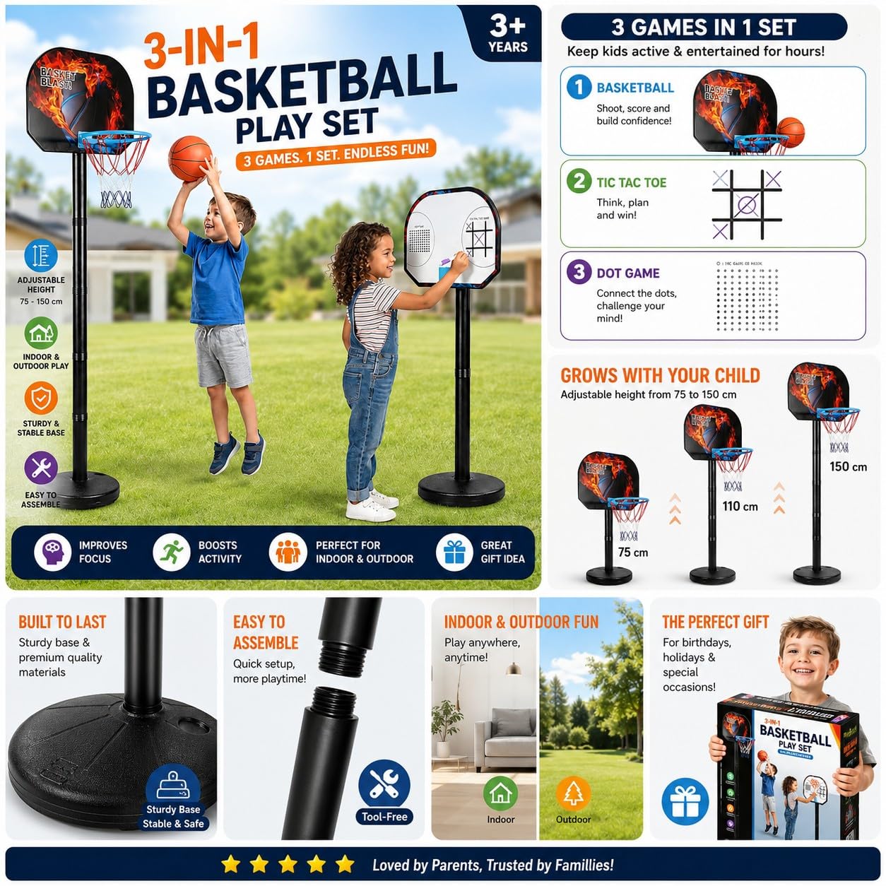Kidsmate 3-in-1 Basketball Play Set for Kids with Adjustable Basketball Hoop, Tic Tac Toe & Dot Game Board, Basketball Net Stand Indoor Outdoor Toy, Best Gift for Boys & Girls - Multicolor — Amazon image 2