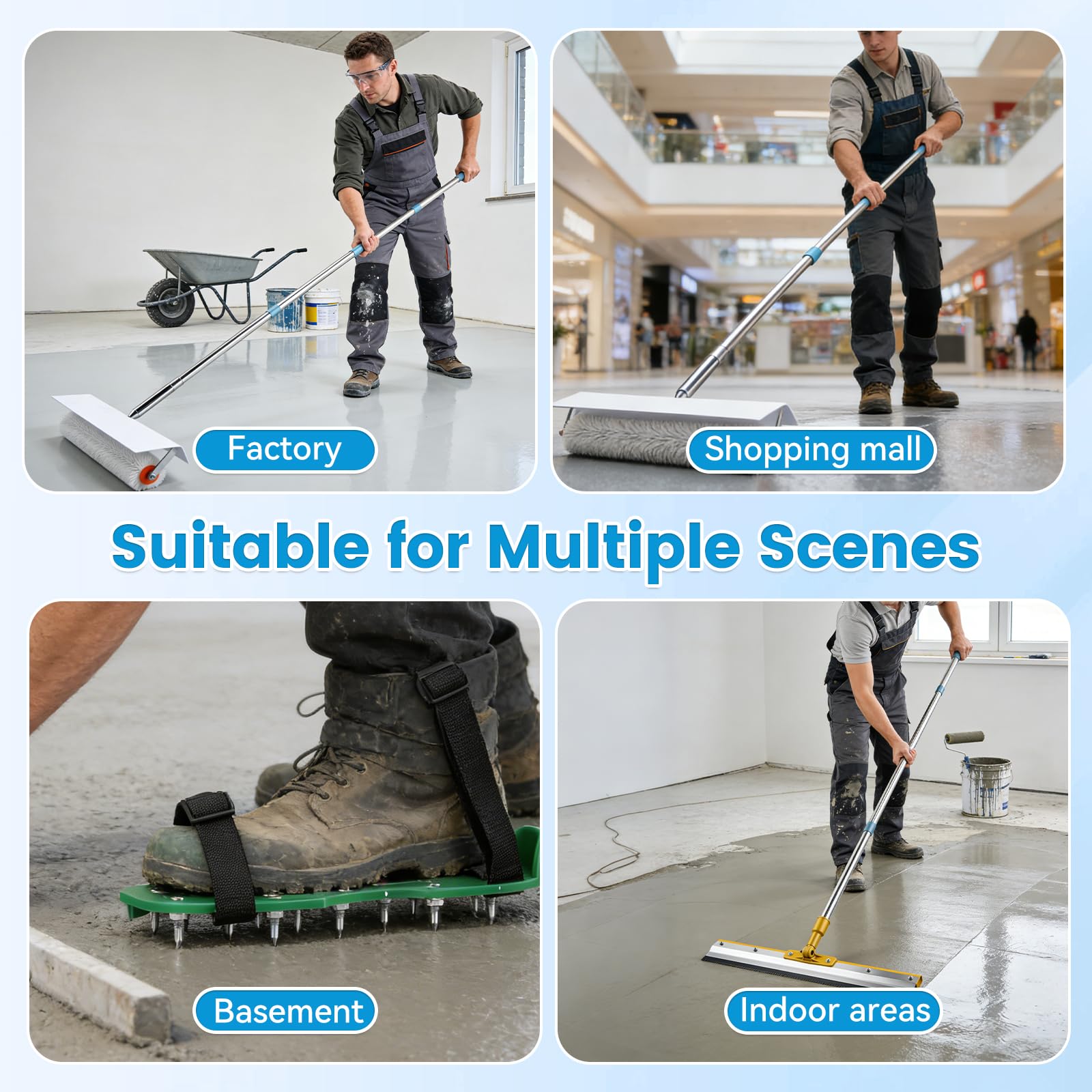 Kit di Strumenti Autolivellante per Pavimenti, Spatola Autolivellantein con Rullo Chiodato da 46 cm, Tergivetro in Acciaio inox da 56 cm, Scarpe Chiodate, Guanti, Asta Telescopica