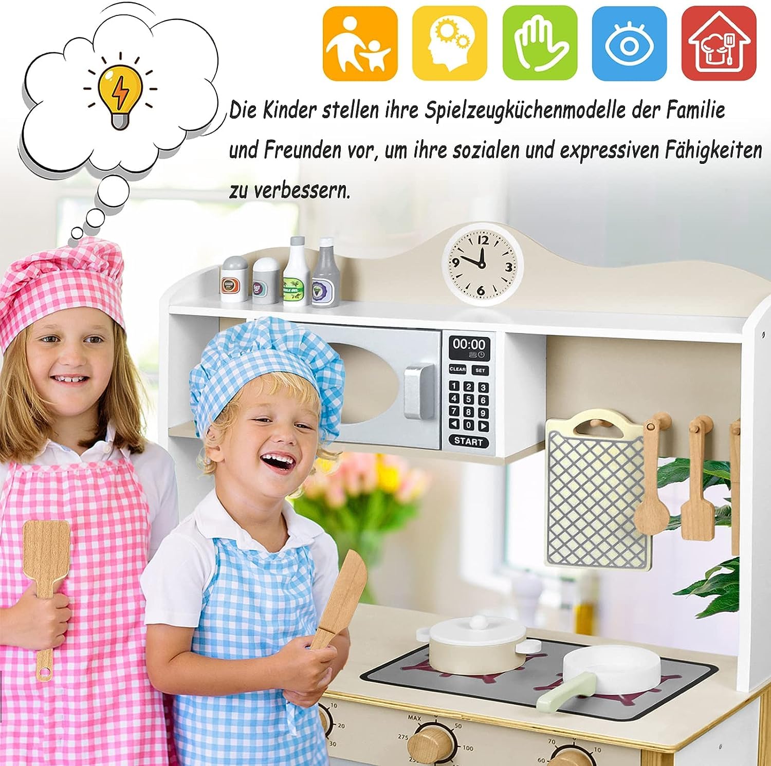 ACXIN Holz Küchenset für Kinder, Küche Küchenspielzeug Set mit Kinderküche zubehör, Küchen-Zubehör aus Edelstahl und Holz, Mini-Küche für kleine Jungen und Mädchen (68x26x78cm)