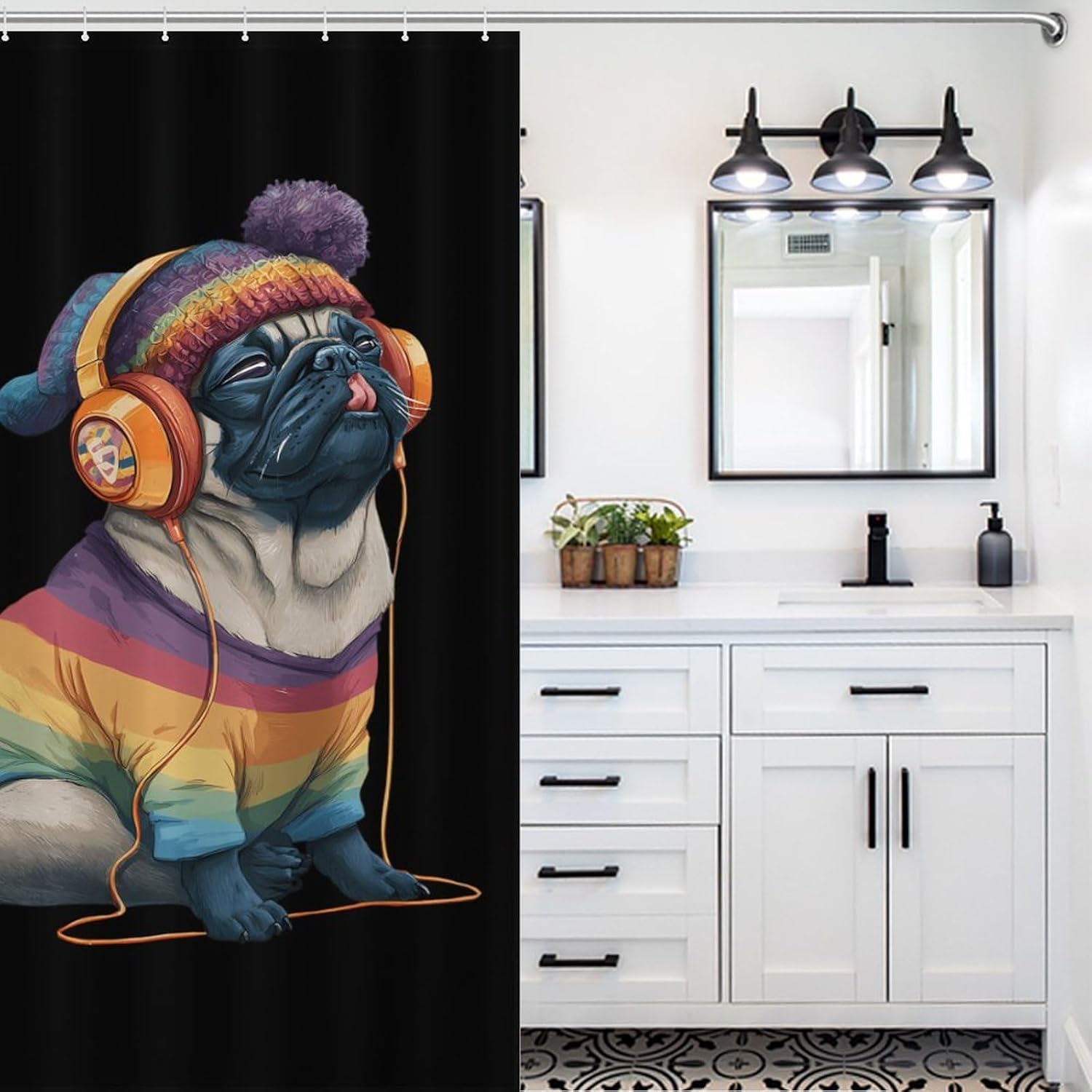 Music Lover Pug Shower Curtain 46.85x70.87Inch（119x180cm） Polyester Bath Curtain Shower Curtains Printed Decorative
