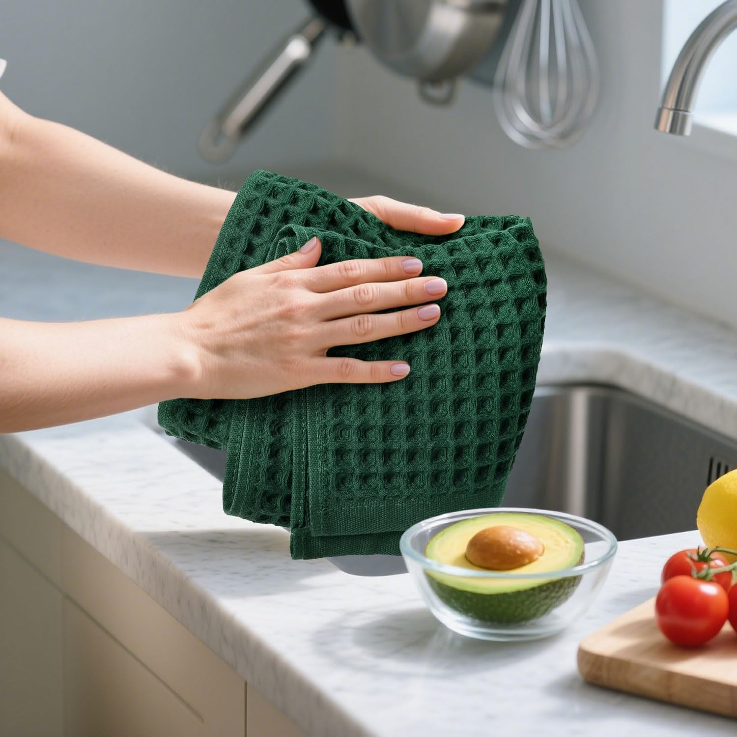 Jacquotha Waffle Hand Towels Set of 5 (Hunter-Green) – Cotton, Quick Dry, Lint Free, 13” x 29”, Bathroom Decor & Kitchen Towels