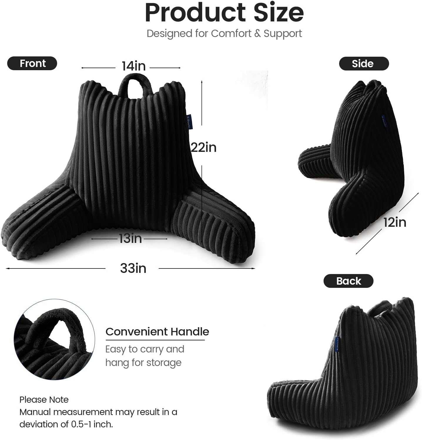 Reading Pillow for Sitting up in Bed, Adjustable Memory Foam Bed Rest Pillow, Wide-wale Plush Cover Machine Washable, Neck Back and Lumbar Support Pillow-Black
