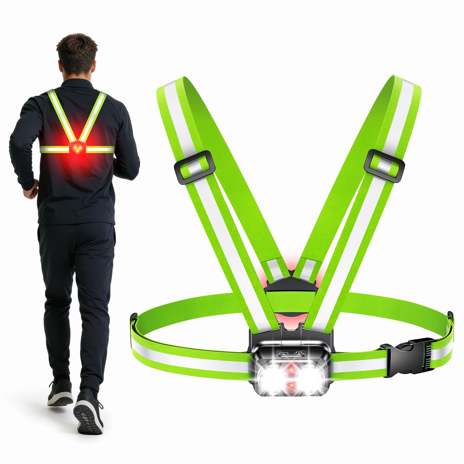 EOIWUY Luce Running 800LM con Posteriore, 7+2 Modalità, IPX4 Impermeabile | 360° Catarifrangente Luce Corsa Notturna, Autonomia 4-25 Ore, 45° Regolabile Lampada Torcia Running per Ciclismo/Jogging