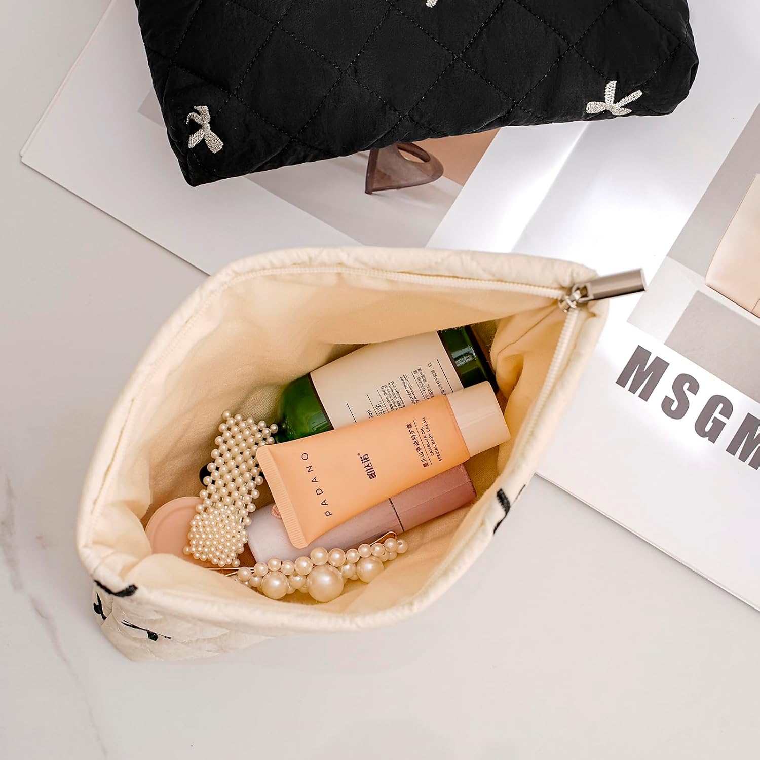 uekeboag Quilted Floral Cotton Makeup Pouch,Coquette Quilted Cosmetic Bag for Women and Girls, Aesthetic Organizer Bag, Flower Cute Travel Toiletry Bags(15Beige Bow) - Image 6