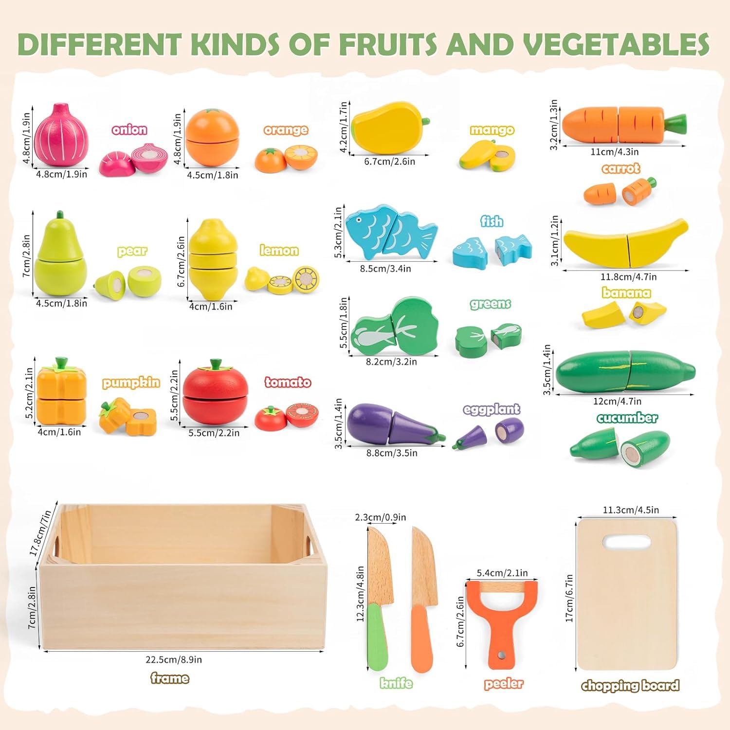 Jeu de Coupe Fruits et Légumes en Bois avec Velcro pour Enfants 3 Ans, 32 Pièces Accessoires de Cuisine Dinette Jouet Éducatif Montessori