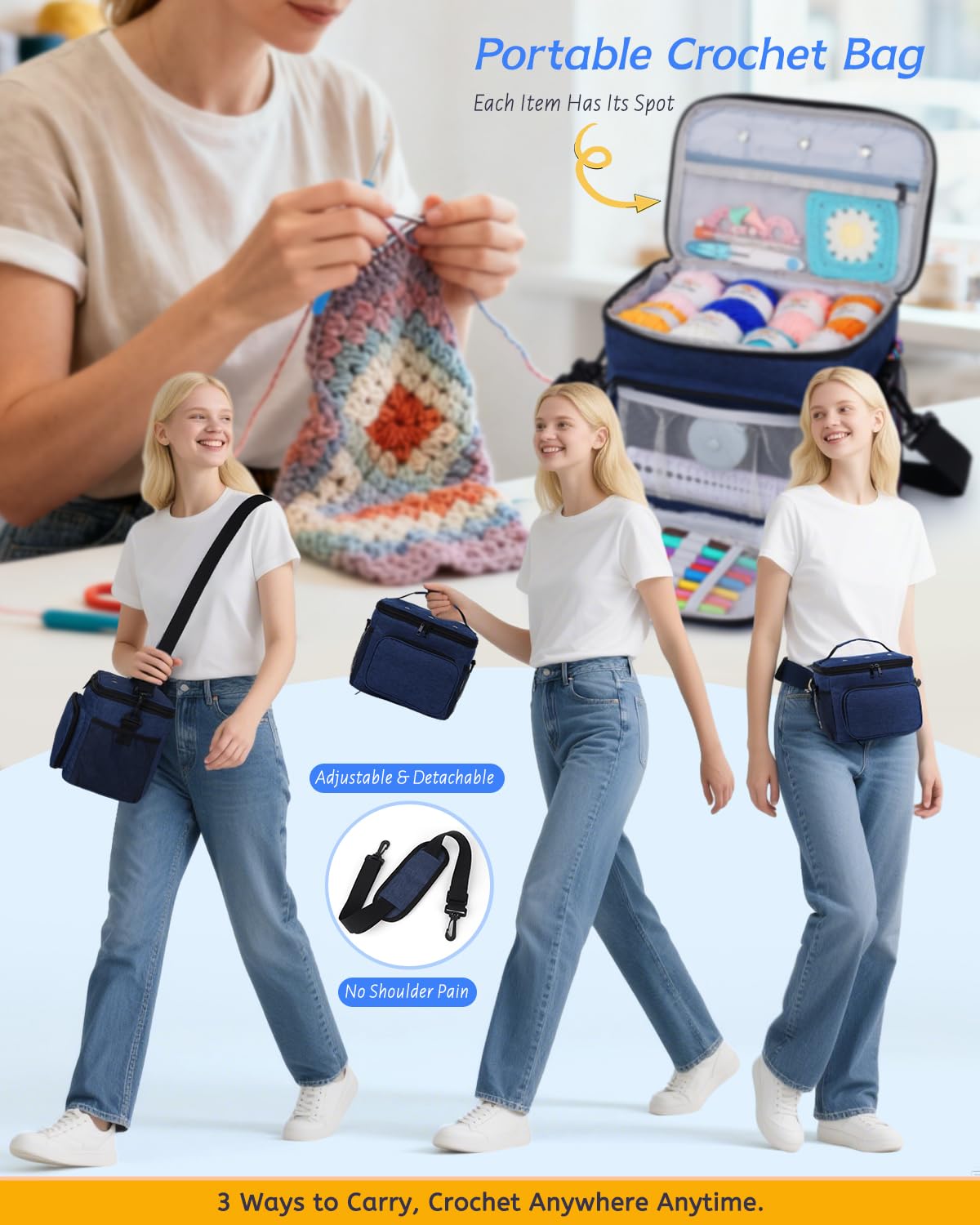 Aeelike Komplettes Anfänger-Set, 87-teilig, Häkelset für Anfänger und Erwachsene, marineblaue tragbare Garntasche, 23 Häkelnadeln, Garn 20 Farbknäuel, Anleitung und Häkelzubehör