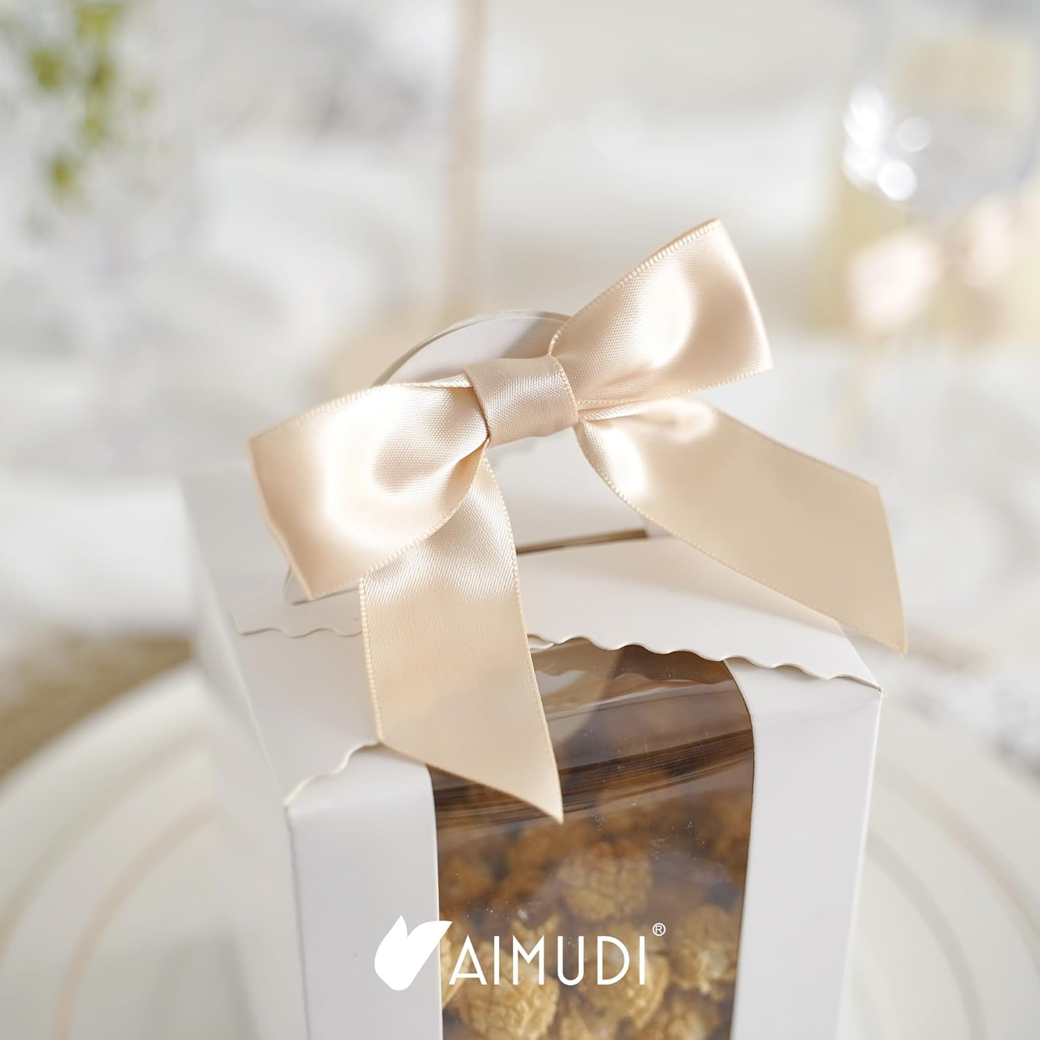 AIMUDI Champagne Bows for Gift Wrapping 3.5" Pre Tied Small Christmas Tree Bows Premade Twist Tie Bows for Treat Bags Small Bows for Crafts Wedding Holiday Decoration- 50 Counts - Image 7