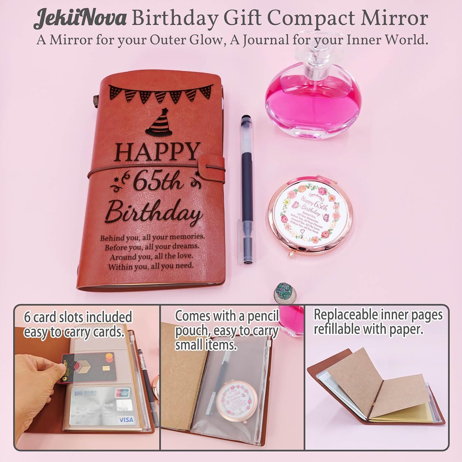 65th Birthday Gifts Refillable Leather Journal and Compact Mirror Set image 4