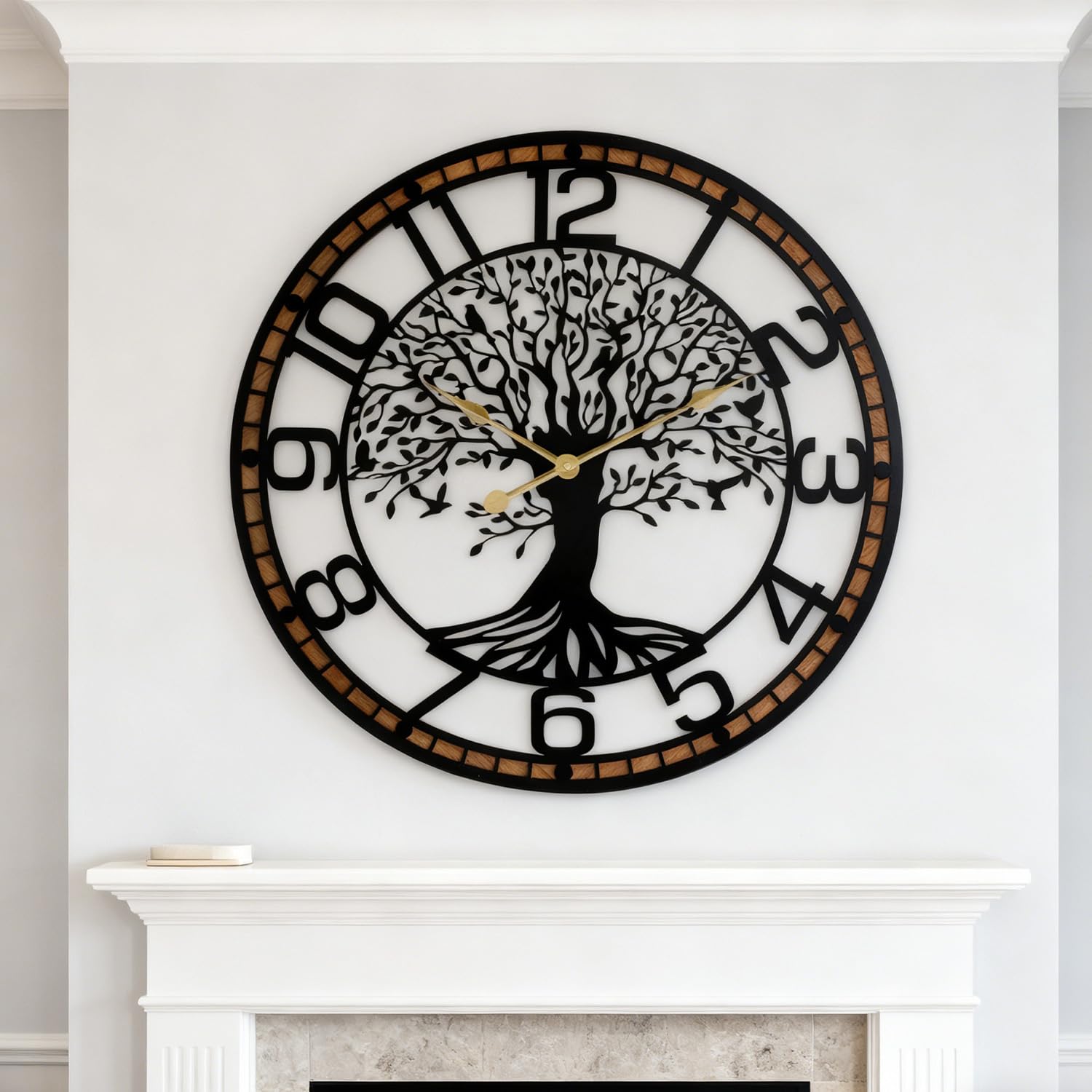Reloj de pared grande y silencioso, 24 pulgadas, árbol de la vida, metal negro con marco de madera maciza, sin tictac, funciona con pilas, para sala de estar, oficina, dormitorio, cocina, accesorio