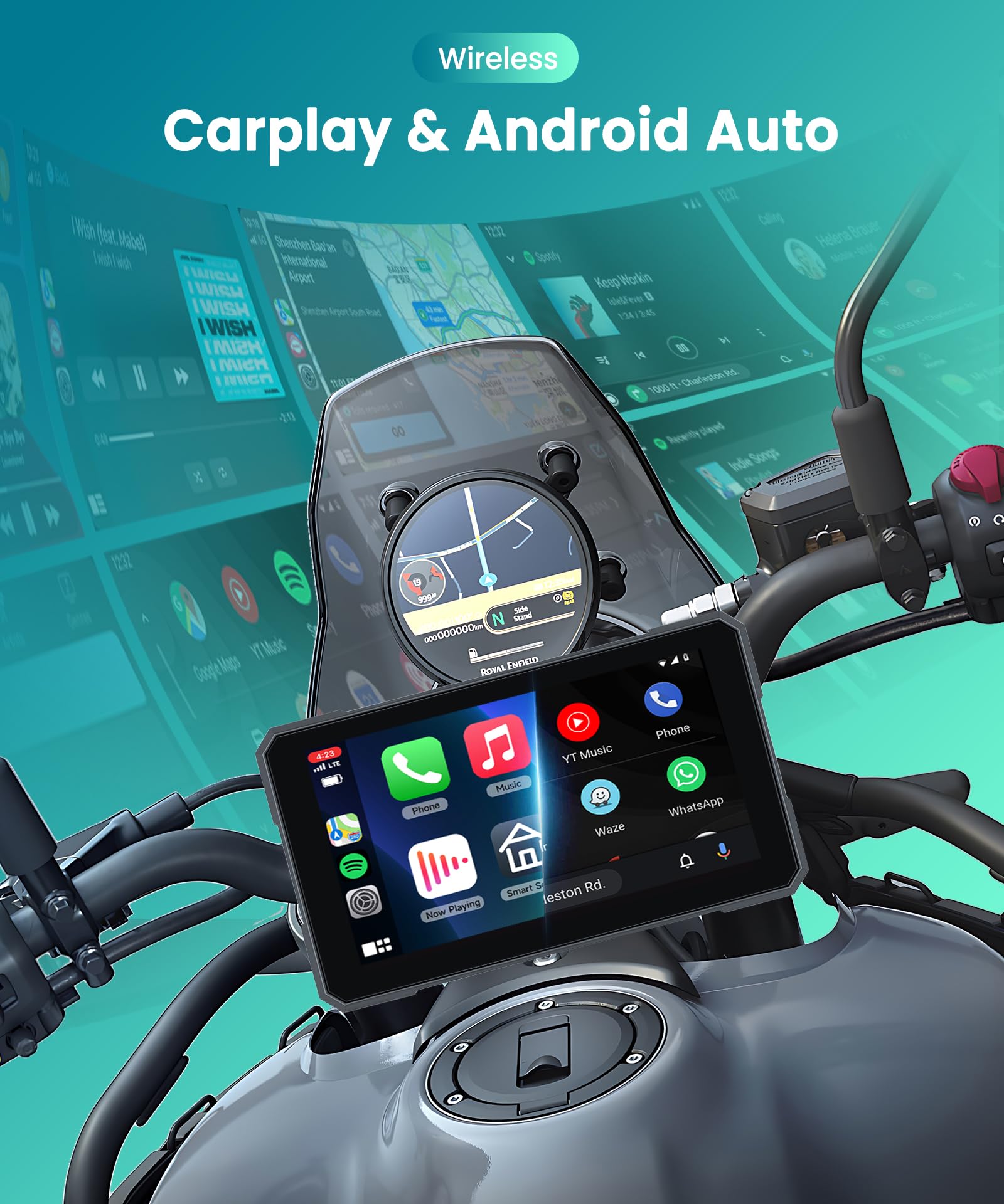 VECHTEL Motorrad Navi mit Zwei Kameras per Moto, 5'' HD Touchscreen GPS Navigation für Motorrad mit Kabelloses CarPlay und Android Auto DVR IP68 Wasserdicht Bluetooth EQ Assistente Siri/GOO-gle TPMS