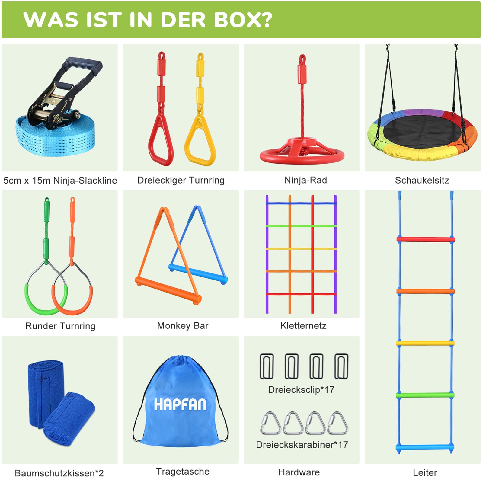 Hapfan 15M Ninja Slackline Kinder Nestschaukel Outdoor Set mit Seilrolle, Ninja Warrior Parcours Kinder mit 10 Hindernissen, Klettergerüst, Kletternetz, Kletterleiter Gym Ring Baumschutz (Bunt)