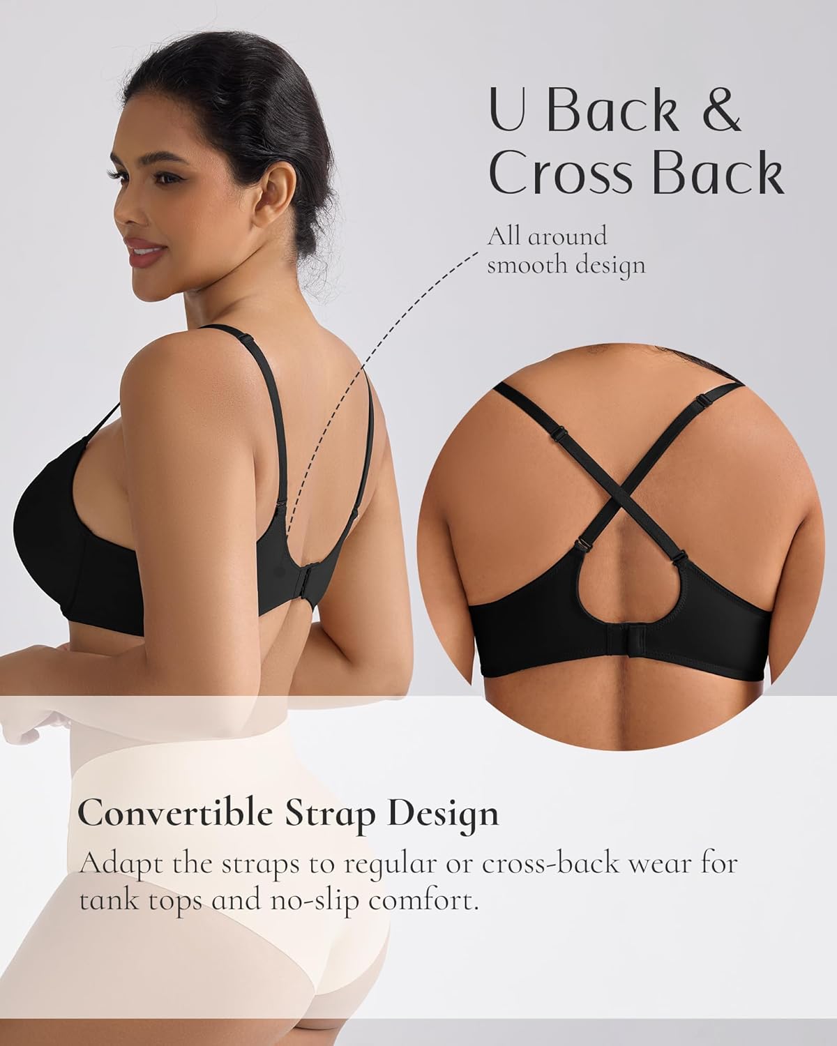 Push Up Bra Padded Demi T Shirt Bras Add 1 Cup Underwire Back Smoothing - Image 2