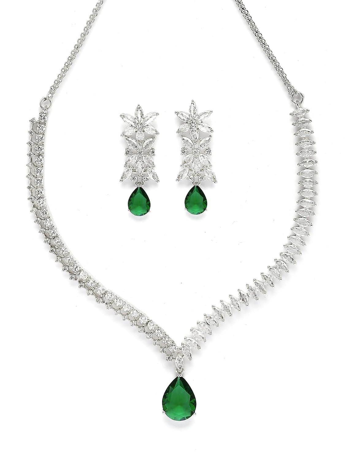 Karatcart Elegant Silver Plated Green American Diamond Necklace Set for Women
