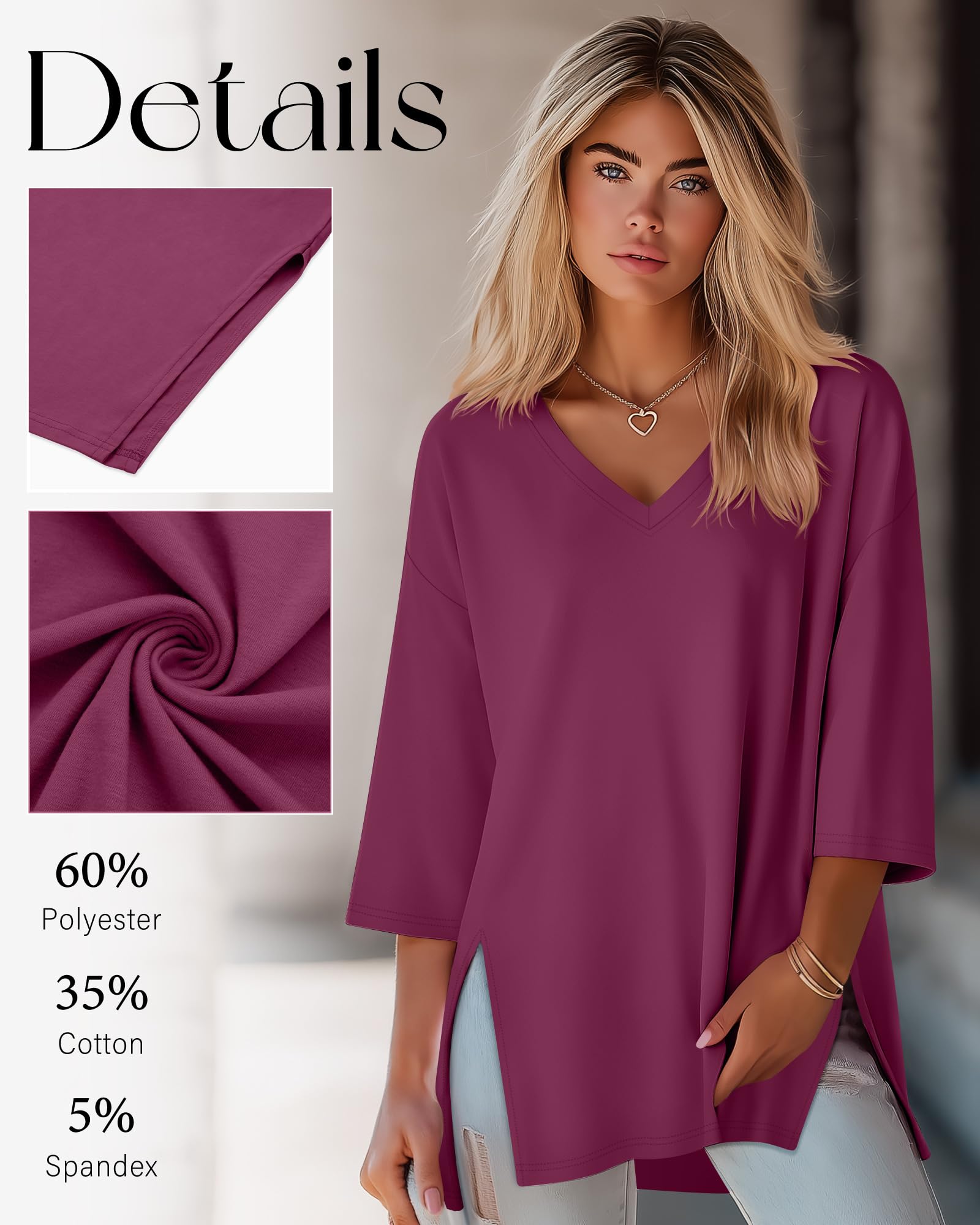 3 Top Donna Oversize Maniche 3/4 Scollo a V | Tuniche Con Spacchi Laterali, T-shirt Ampie, Abbigliamento Traspirante, Maglie Casual, Outfit a Strati, Moda Autunnale