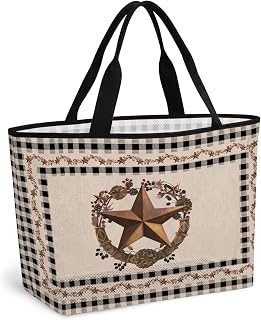 Western Texas Star Vintage Beach Bag for Women,Mesh Beach Tote Bag,Rustic Wreath Red Beige Plaid Sandproof Travel Bags