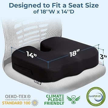 Memory Foam Seat Cushion. Orthopedic Car Seat Cushions to Raise Height - Office Chair Comfort Cushion - with Non-Slip Base - Office Chair, Car, Airplane, Wheelchair & Bleacher Support Seat.