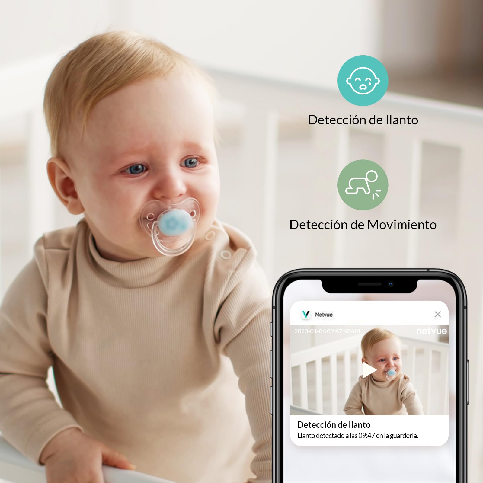 NETVUE Camara Vigilancia Bebe con Soporte 4 en 1, Azul 5000mAh Inalámbrico 5" Vigilabebes con Camara, 1080P Baby Monitor con Visión Nocturna, Audio Bidireccional, VOX, Detección de llanto y movimiento