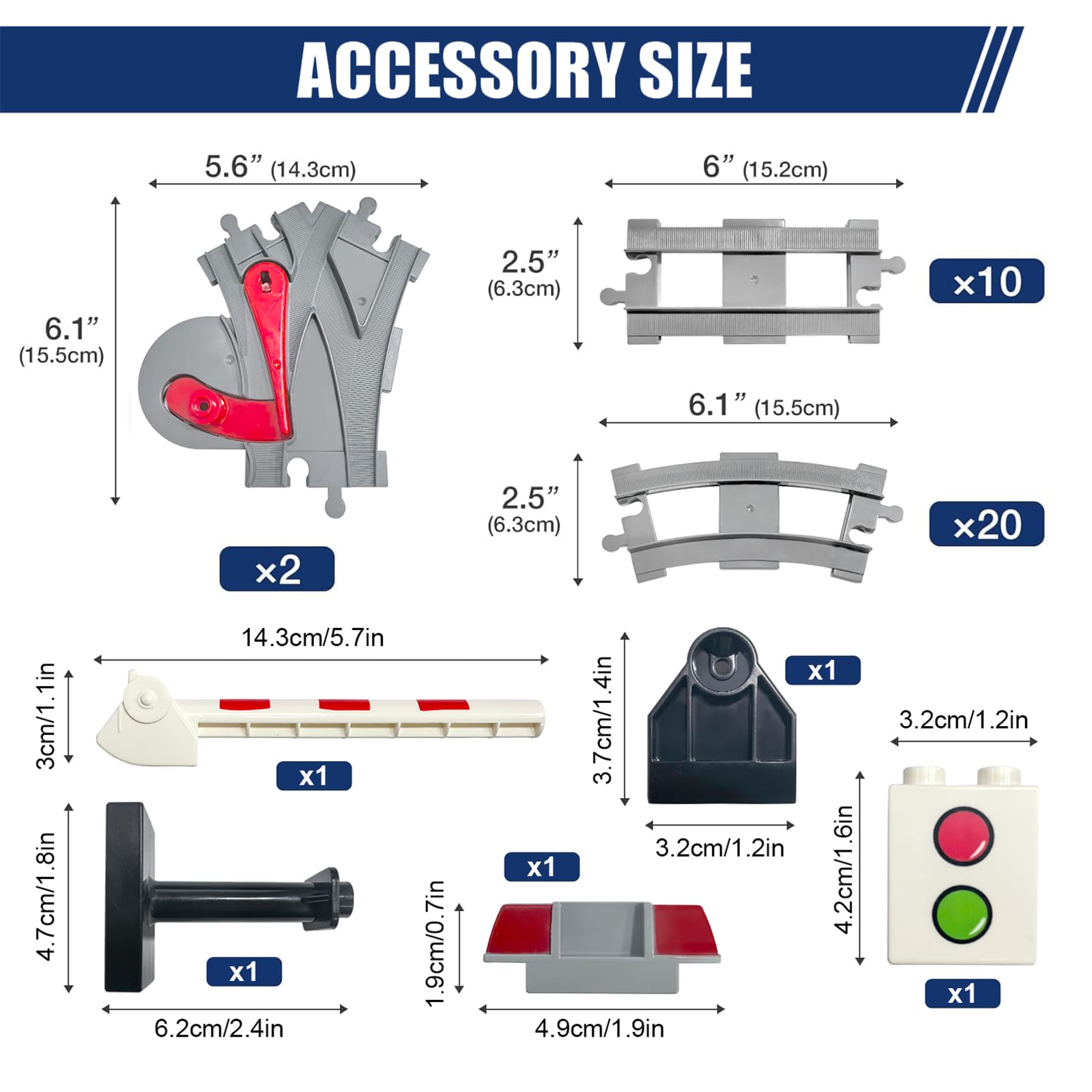 37 Pieces Train Tracks Set - Compatible with All Major Brands, Classic Railway Track with 20 Curved, 10 Straight and 2 Switches, Light Grey Toy Track Accessory for Kids